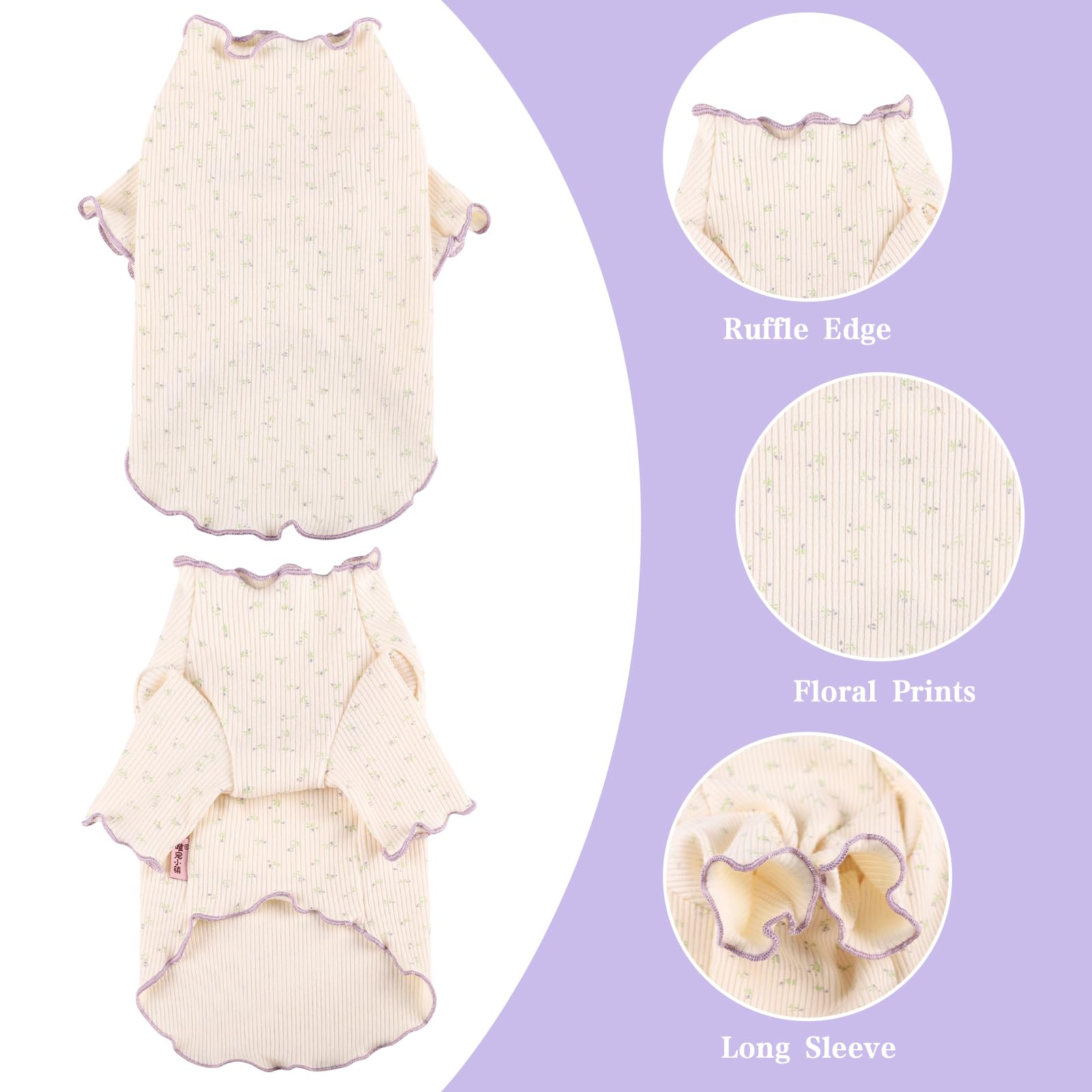 Yaopelky Pet Clothes for Small Medium Dogs Cat Daisy Flower Prints Dog Shirts Long Sleeve Ruffle Puppy Clothes Dog Pajamas for Chihuahua Shih Tzu Yorkie (Purple - Image 3