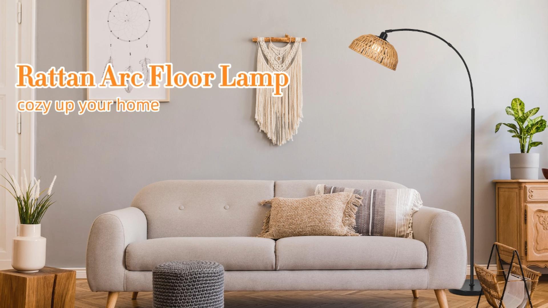 Image of Brilvibera Boho Floor Lamp with Remote Arc Tall Lamp | Bronze Floor Lamps with Stepless Dimmable Bulb, Hand-Worked Adjustable Rattan Lampshades, Brown Rattan Standing Lamp