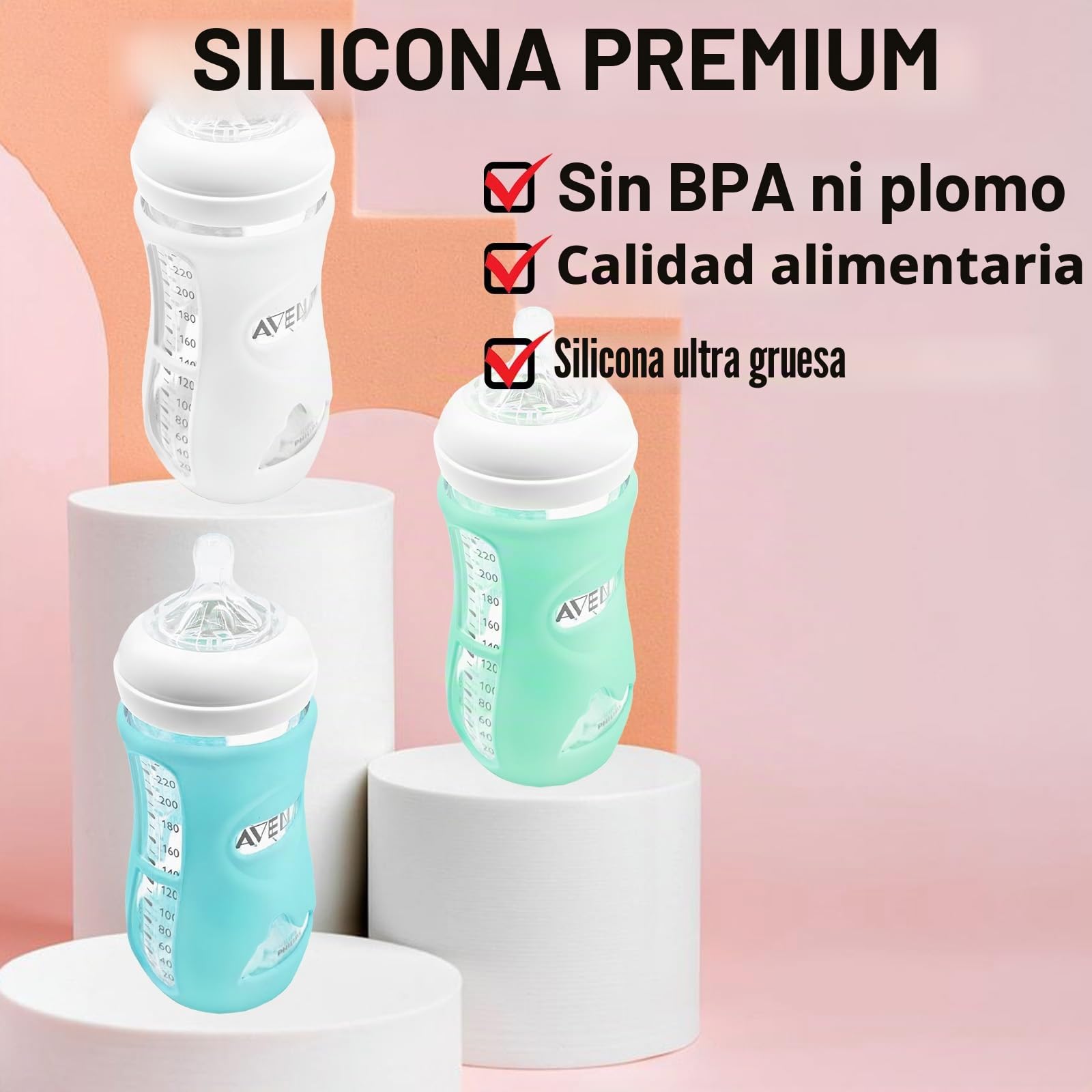 Pack de 3 fundas de silicona para biberones Avent Natural, de cristal, funda protectora para botellas de bebé, portabiberones irrompibles, compatible con biberones de cristal Philips Avent Natural,