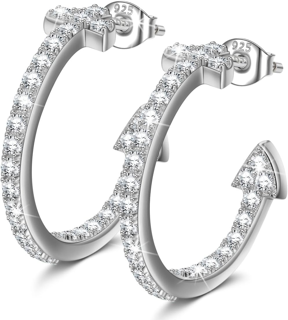 Stud Earrings for Women Sterling Silver Chunky Open Hoops Cubic Zirconia Jewelry for Wedding Bridesmaids Proposal Gifts for Friend Female Valentines Day Gifts for Mom