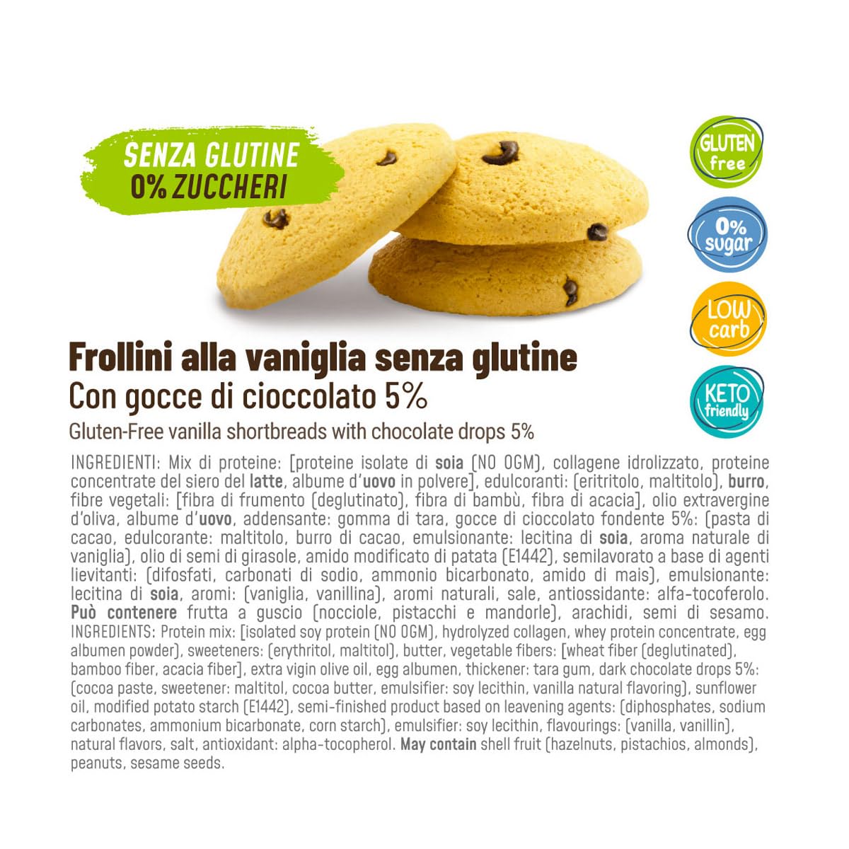 SOKETO Biscotti Frollini Keto con Cioccolato | 0% Zuccheri - 33g Proteine per 100g | Senza Glutine, Colazione Proteica