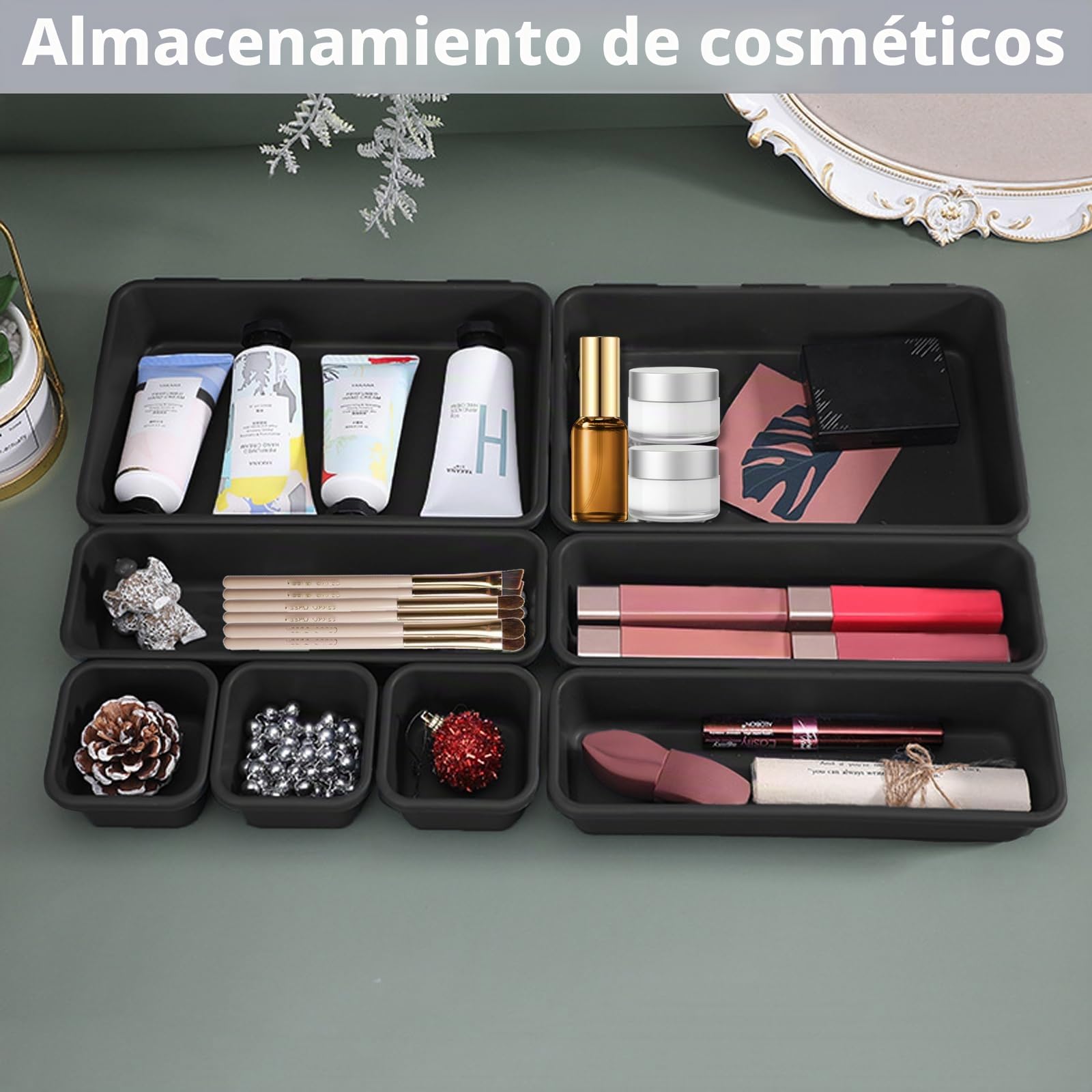 Organizador Cajones Escritorio 8 Piezas, Cajas Bandejas Plástico Apilables Almacenamiento 3 Tamaños (Gris)