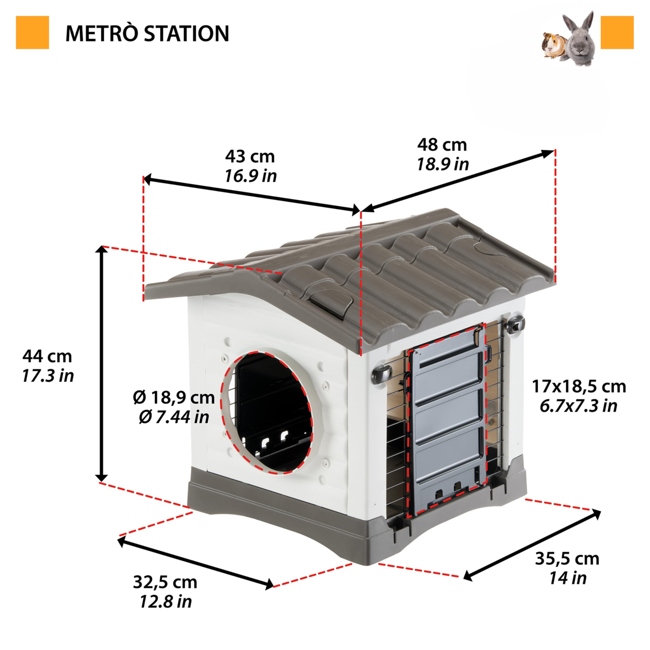 Ferplast Casita para Conejos Metro', conectable a túneles para Conejos Enanos, Hurones y cobayas, con 2 entradas, Techo Desmontable y Base con desagüe, 43 x 48 x 44 cm.