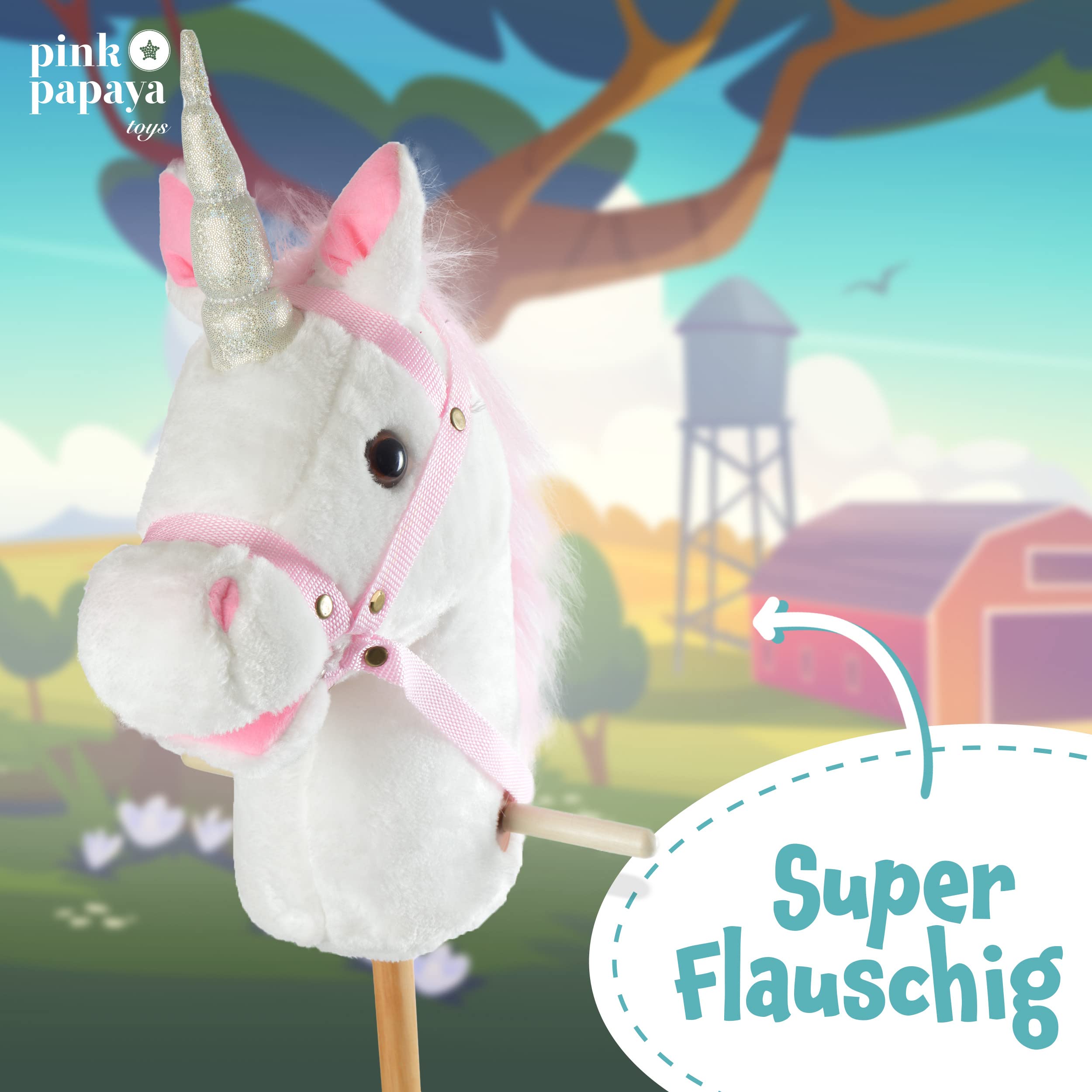 Pink Papaya Stekkenpaard eenhoorn, mandy schattig speelgoed eenhoorn van pluche met geluidsfunctie: gewied en galop geluid - kleur: wit met roze manen