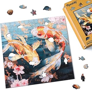 Comprar Figured'Art Puzzle de Madera para Adultos y Niños, Rompecabezas de 200 Piezas Animales - Peces Koi y Flores - Diseño Original 28,5x28,5 cm, Caja de Madera Premium, Regalar