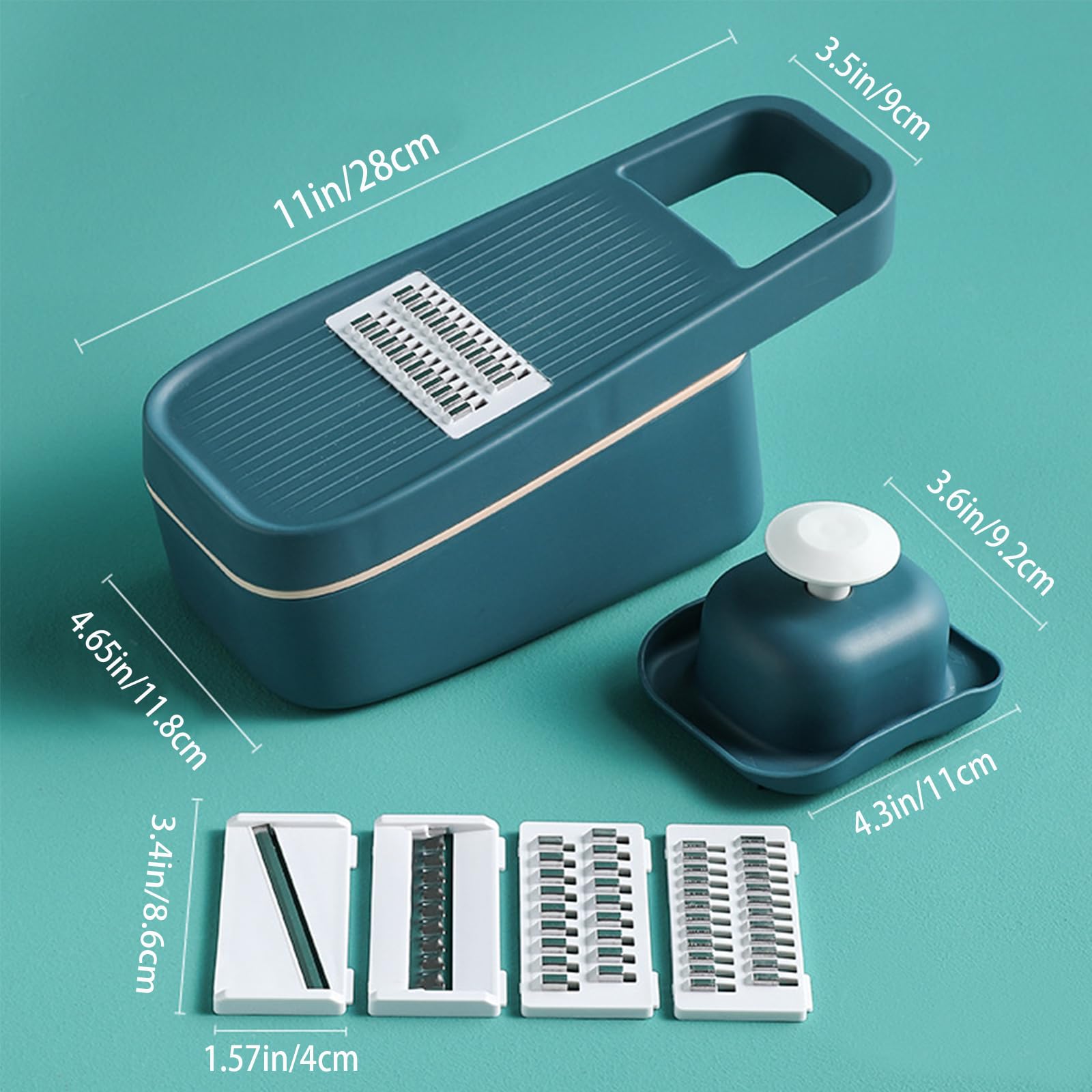 Rallador y rebanador multifuncional 4 en 1, cuchillas de acero inoxidable 304, con recipiente de almacenamiento de alimentos y protector de manos, perfecto para rallar y cortar varios ingredientes