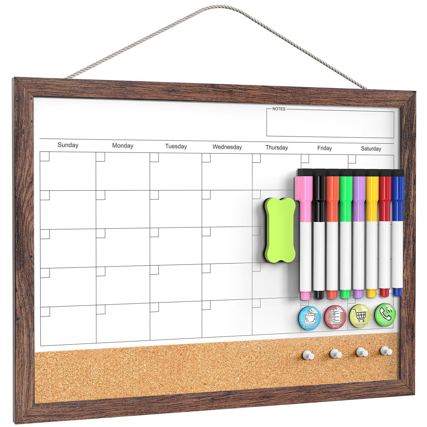 Calendar Whiteboard for Wall, 17x13 Inches White Board Calendar Dry Erase, Small Magnetic White Board with Wood Frame, Hanging Dry Erase Board for