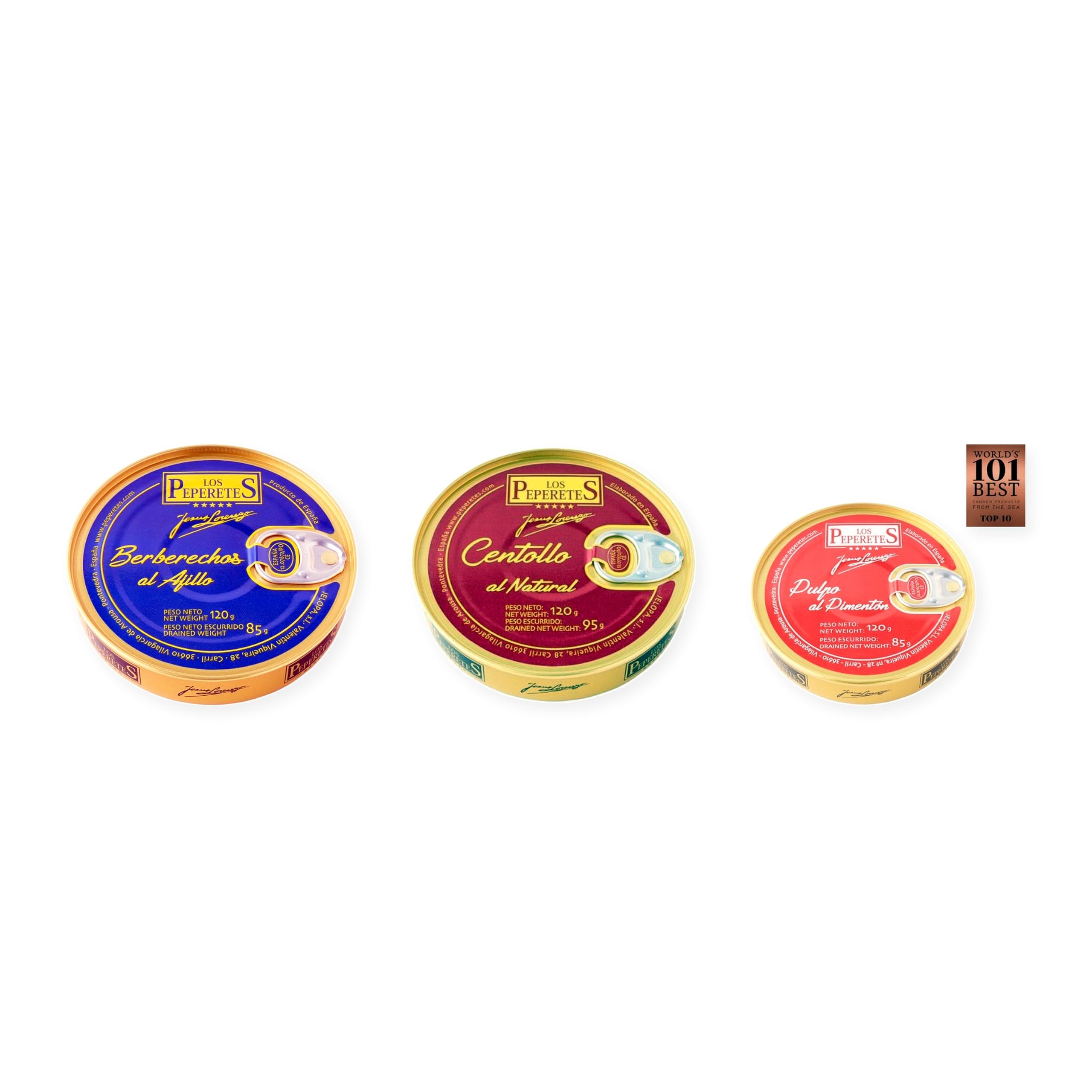 los peperetes conservas Berberechos Ajillo, Centollo Natural y Pulpo Pimentón pack 3 latas