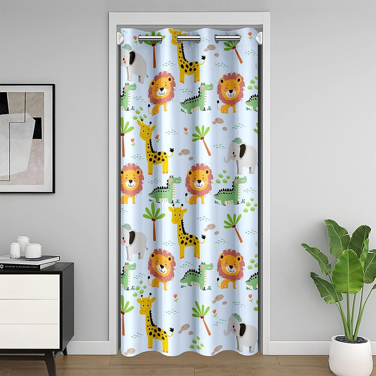 Loussiesd Cute Cartoon Animals Door Curtain for Doorway Privacy 106x203cm 1 Panel Lion Elephant Giraffe Crocodile Closet Cover Boys Girls Zoon Animals Room Divider Curtain Washable Wildlife Blue