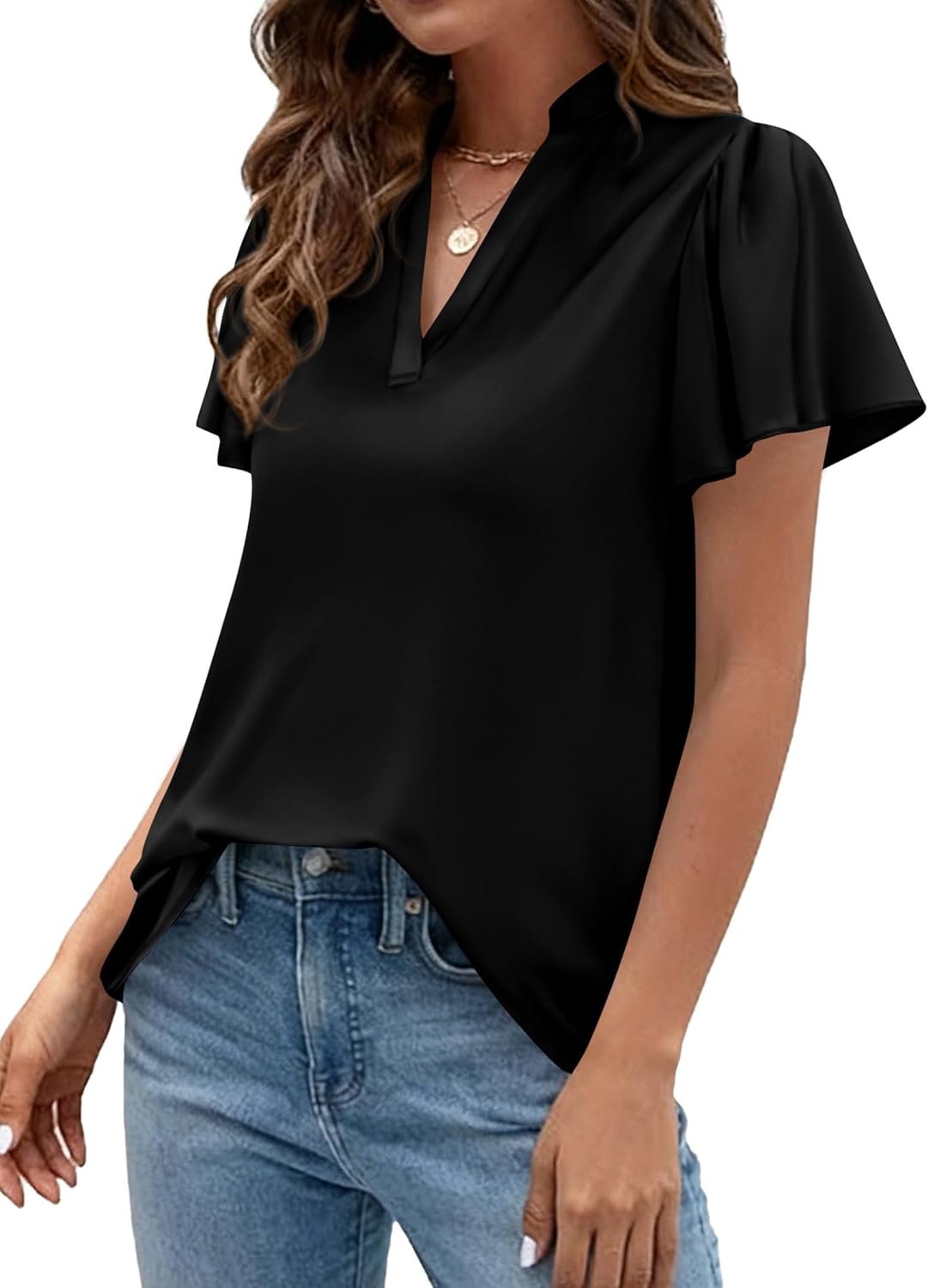 PRETTYGARDEN Women's 2026 Summer Satin Blouses Dressy Casual Ruffle Cap Sleeve V Neck Business Work Cute Tops Spring Outfits - Image 3