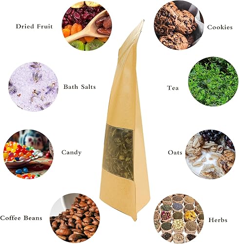 Miniatura 5 de 100 bolsas resellables, bolsas de papel kraft de pie con ventana mate, bolsas de almacenamiento de alimentos con cierre de cremallera para pequeñas