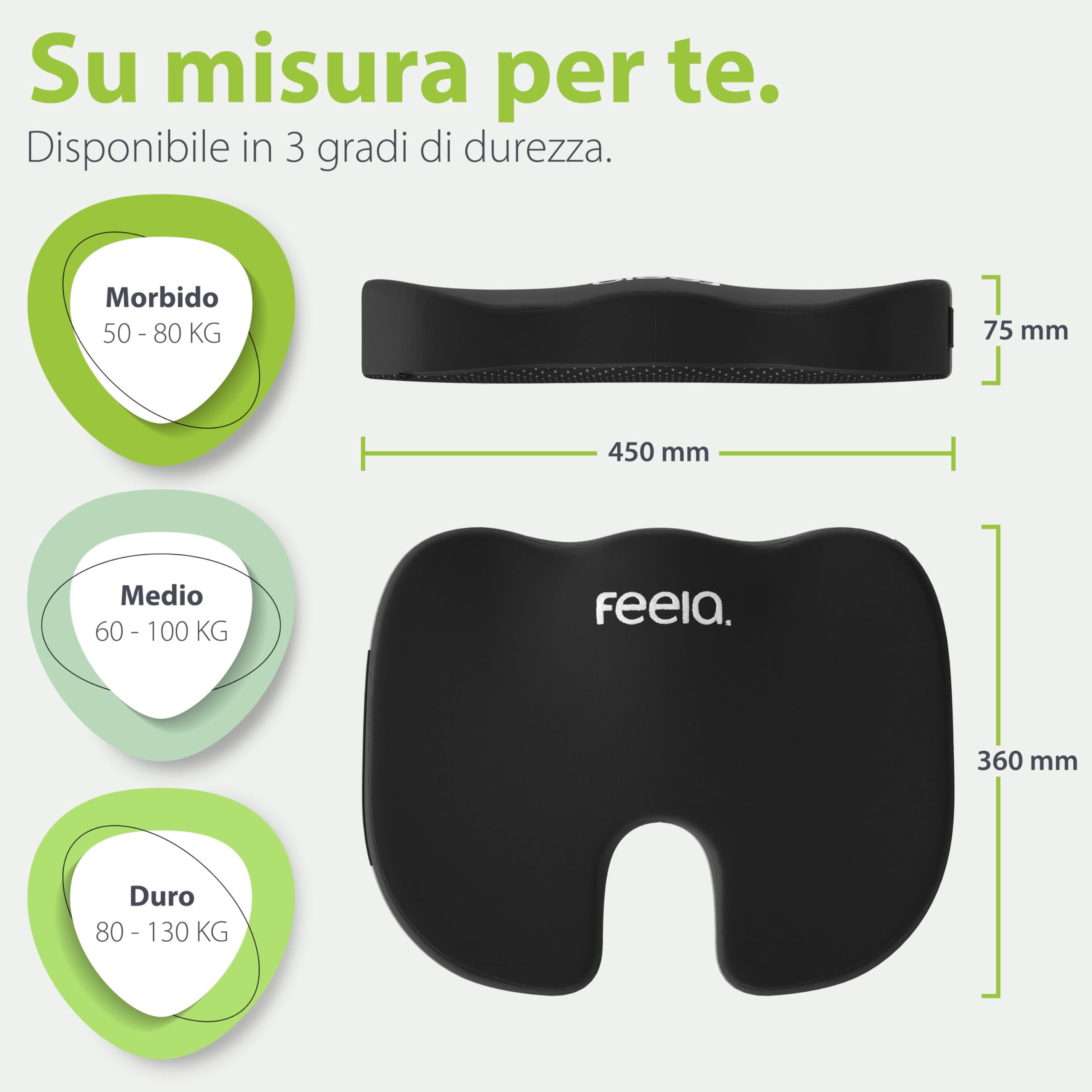 feela.® Cuscino per sedile ortopedico [3 gradi di durezza] – Cuscino da seduta ergonomico per sedia da ufficio, ecc. – Riduce il dolore, migliora il comfort di seduta e allevia il coccige (medio)