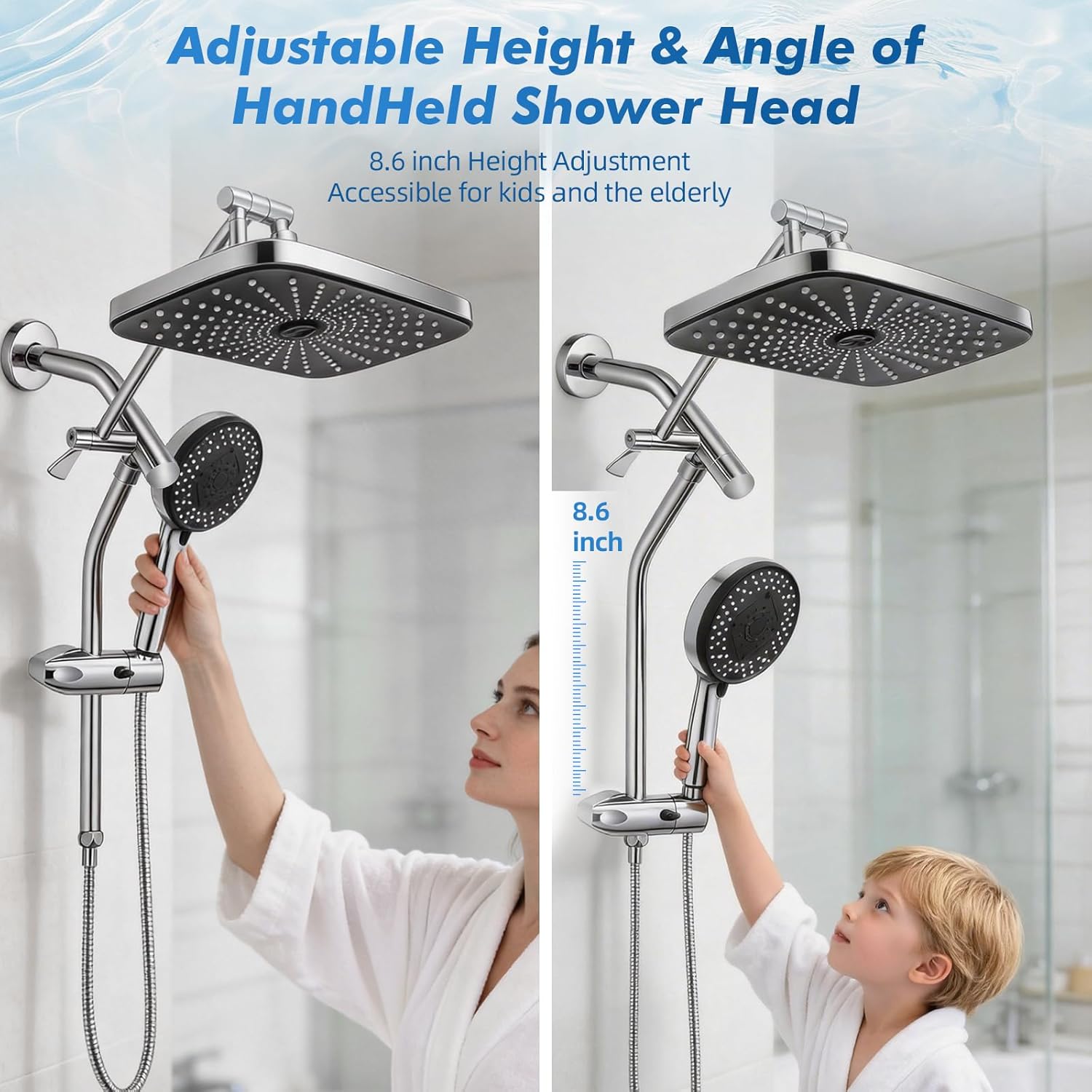 Shower Head with Handheld, 12" High Pressure Rain Shower Heads with Filtered Handheld Spray Combo & Adjustable Extension Arm, Silver Showerheads & Hand Held Showers Set for Bathroom