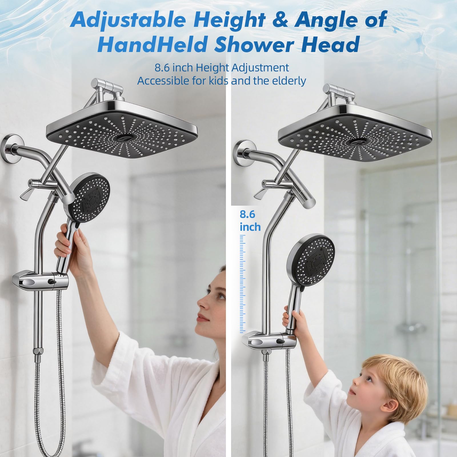 The Walkinstin 12-inch rainfall shower head and filtered handheld combo, showcasing its adjustable extension arm and sleek silver finish.