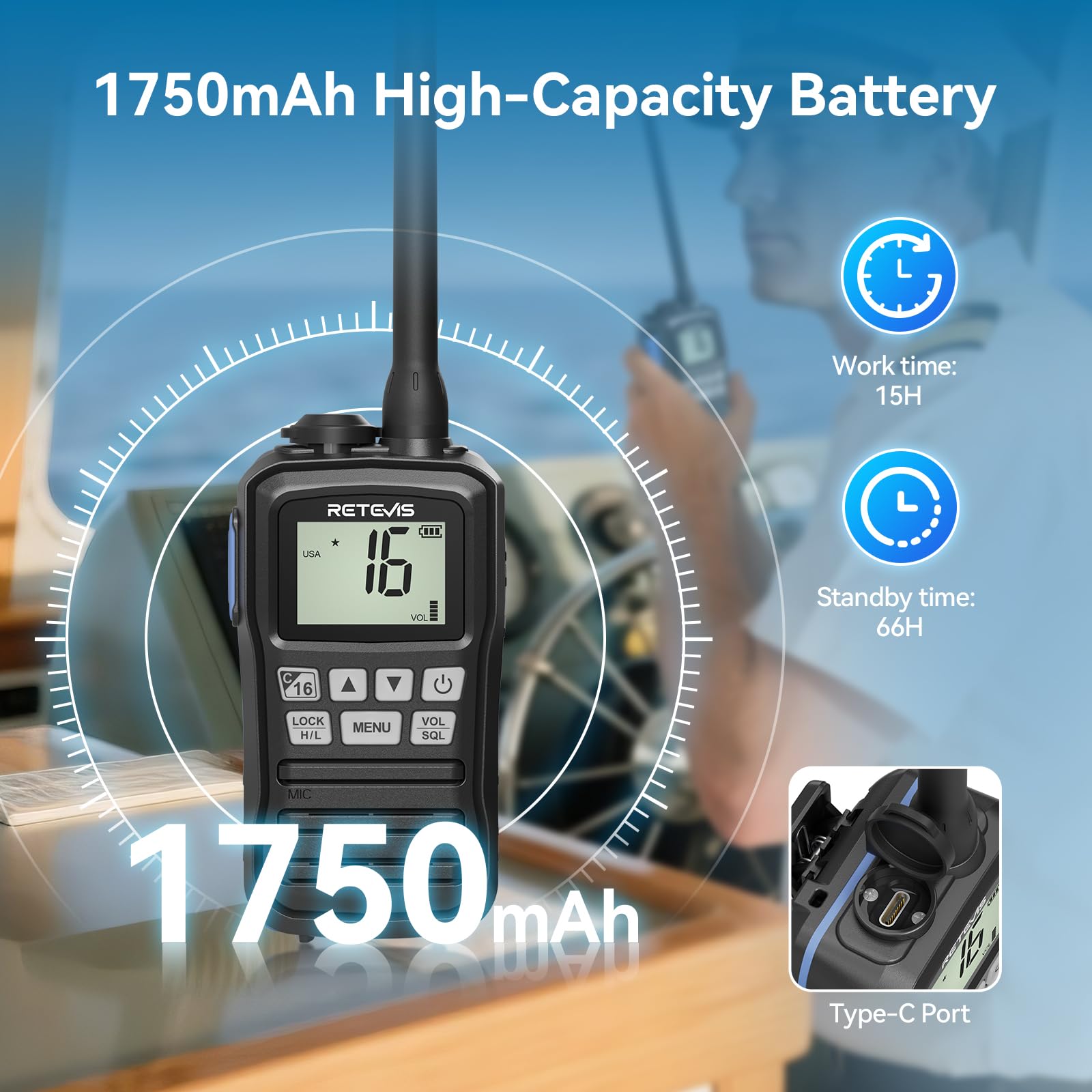 Retevis RM01P Marine Walkie Talkie IP67 Impermeabile VHF 88 Canali 1750mAh Tipo C Nero