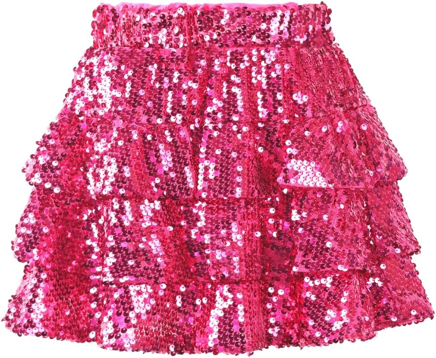 WELAKEN Sparkle Sequin Skirt for Girls Kids Elastic Waist Three Layer Ruffle Skirt
