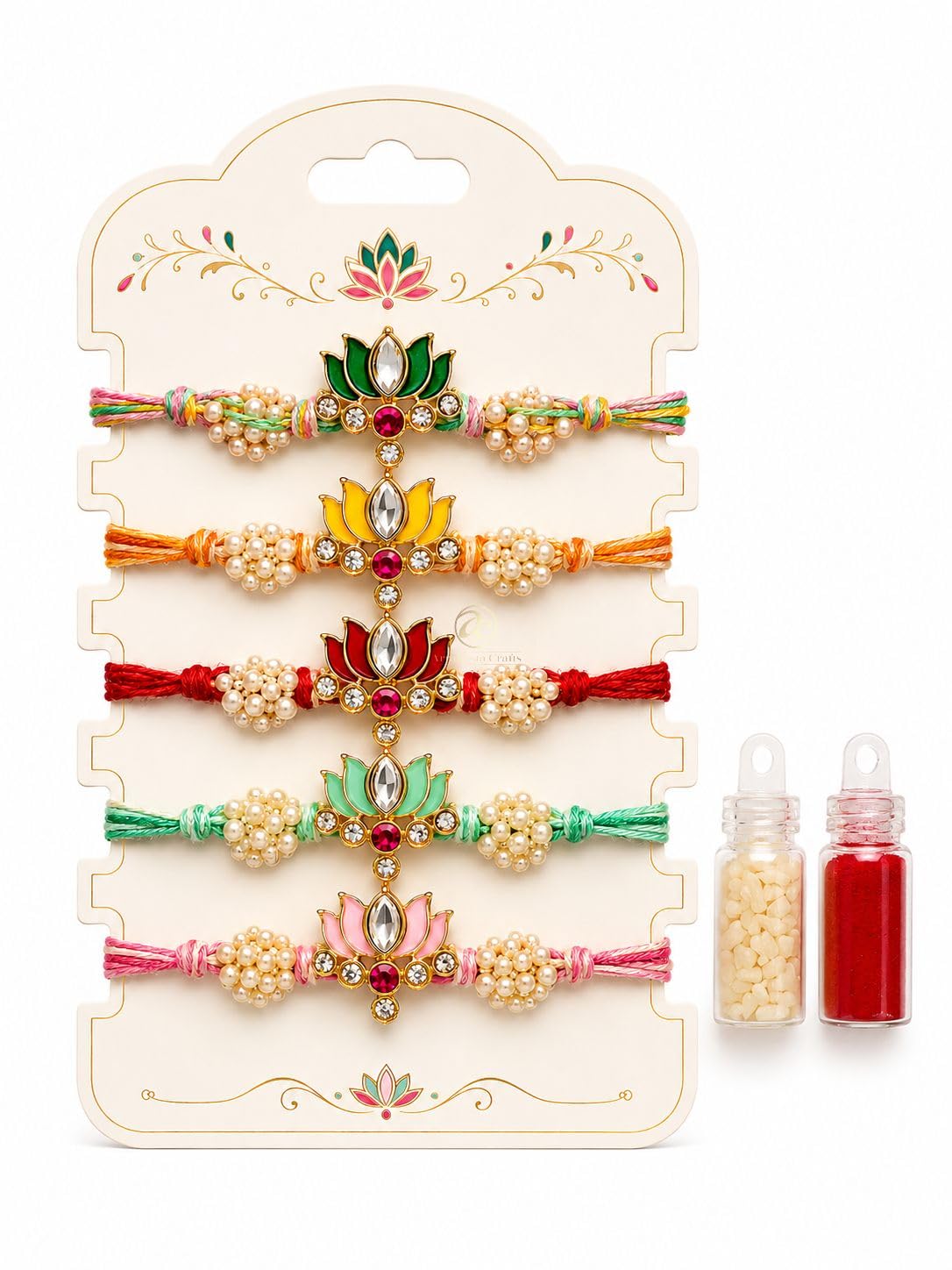 Handmade Designer Kundan Stone Lotus Rakhi Set Of 5 Combo With Pearl Beaded Multicolor Raksha Bandhan Thread | Traditional Premium Minimalist Rakhi Set For Brother Bhabhi Sister Men Women Kids Youth Teenager-image-46