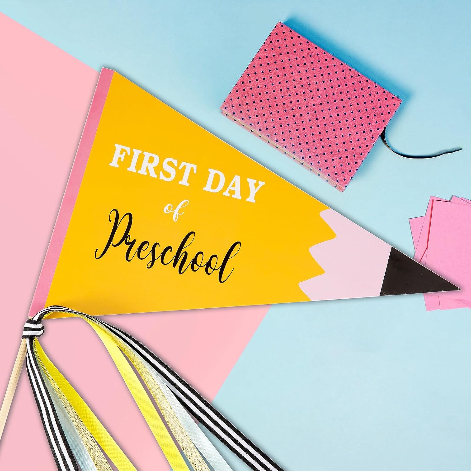 First Day of School Flag DIY 2026 Back to School Pennants, First Day of Preschool Flag with Ribbons Make Your Own School Photo Prop, Yellow