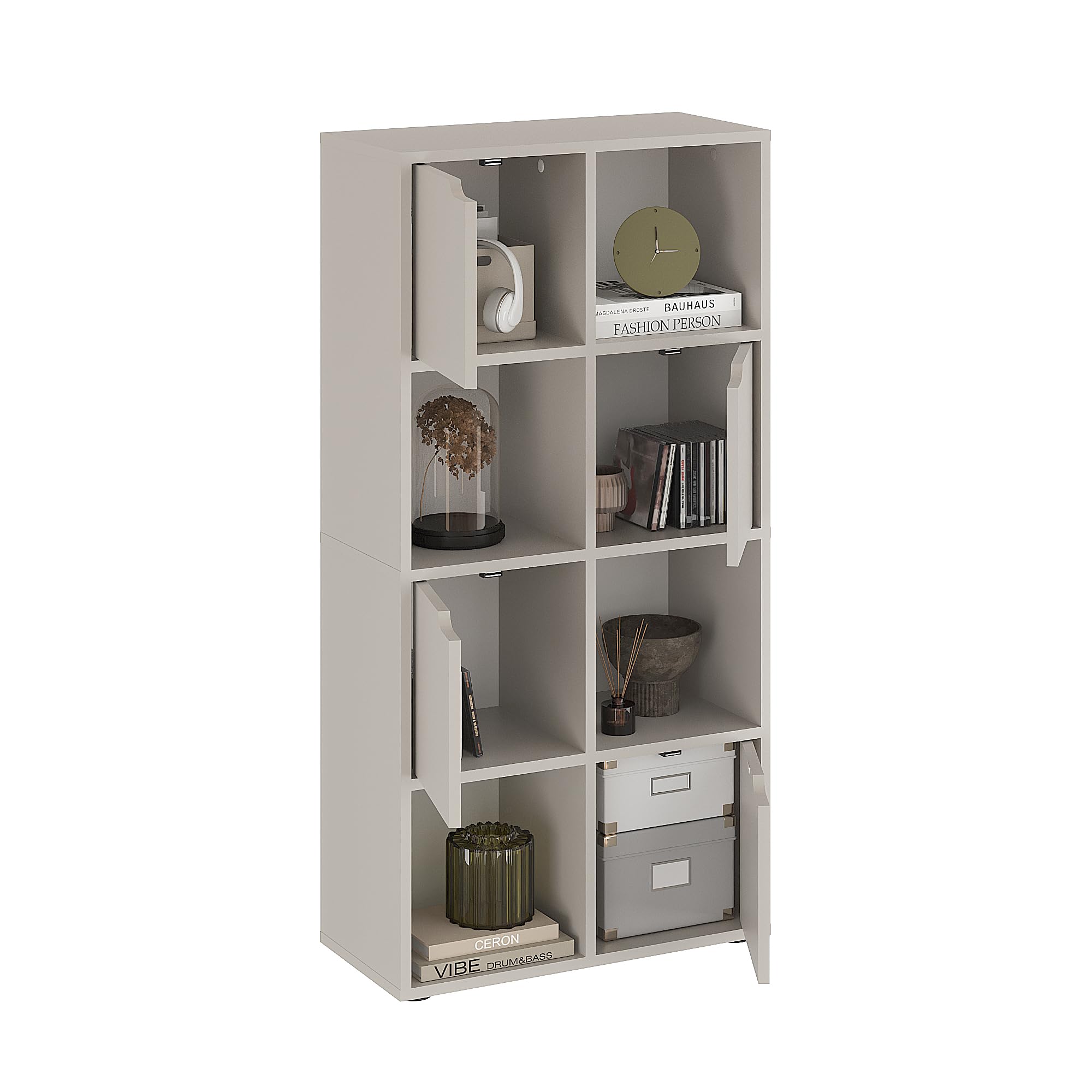 KOMTO Bücherregal Kaschmir – Würfelregal mit 4 Türen und 8 Fächern, Bücherschrank, Aufbewahrungsregal, Raumteiler Regal für Büro, Schlafzimmer und Wohnzimmer | Shelf8 60 x 30 x 122