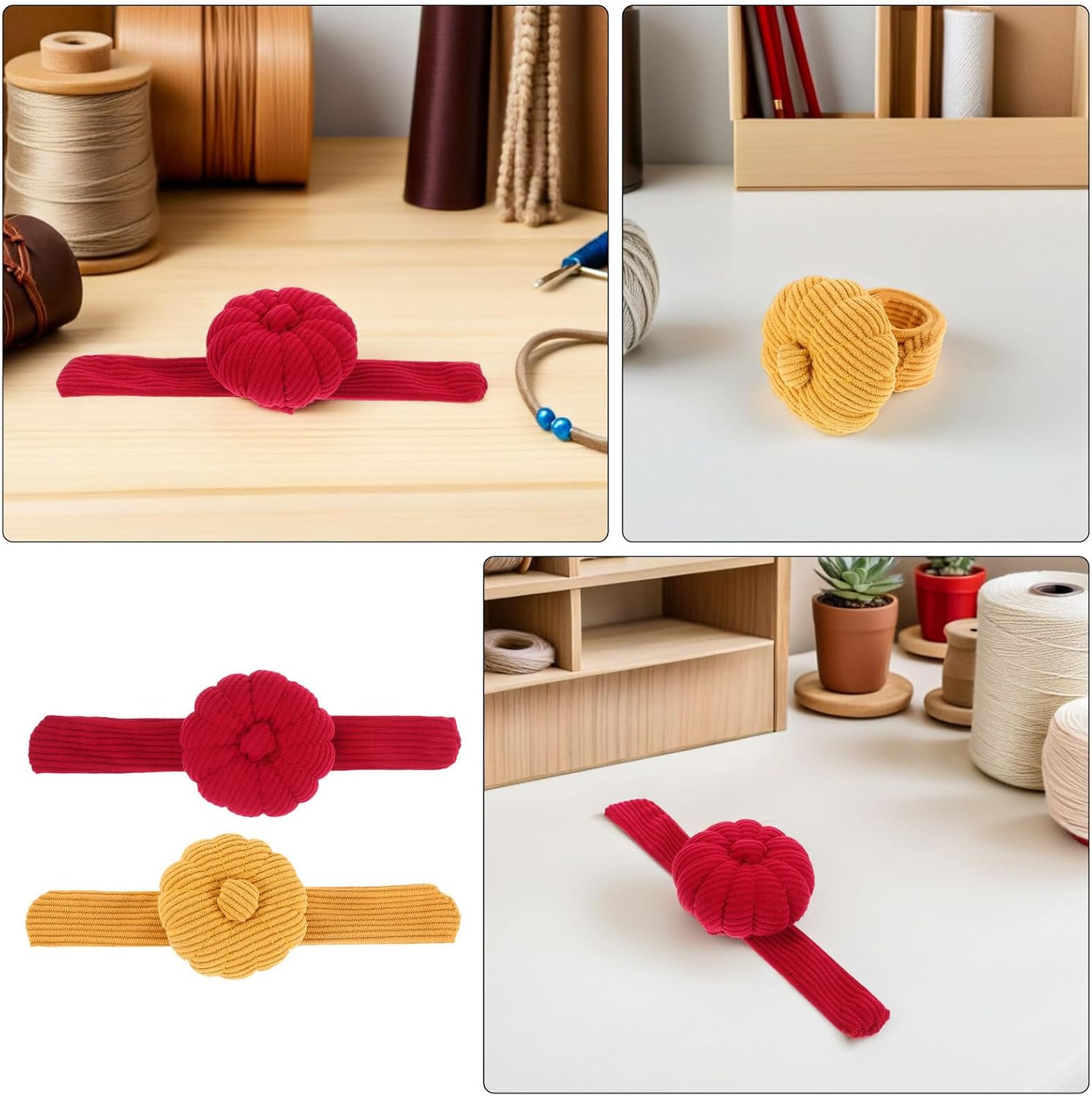 2pcs Pumpkin Pin Cushion Wristband Sewing Needle Holder Quilting Pin Holder Red and Dark Yellow Fabric Pincushions for Cross Stitch and Knitting