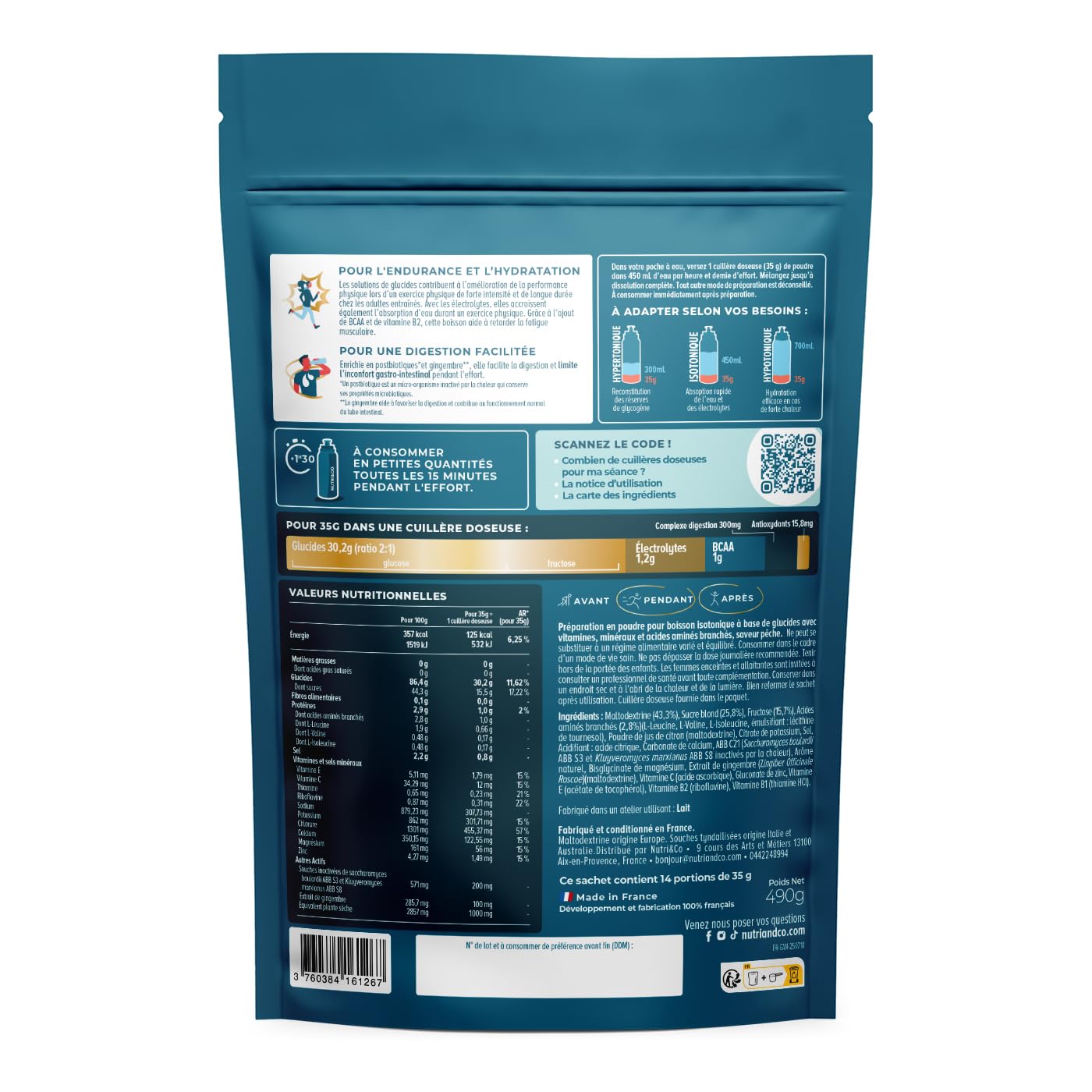 NUTRI & CO Boisson Énergétique Isotonique en Poudre - Ratio 2:1 Glucose/Fructose avec BCAA, Électrolytes, Postbiotiques & Gingembre - Running, Vélo, Hyrox - 490g Goût Pêche - Fabriqué en France