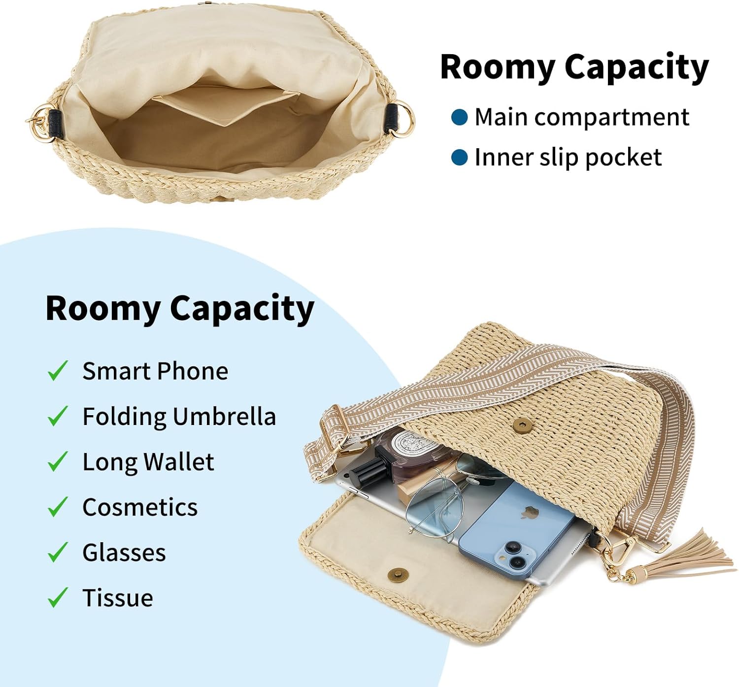 Women's Summer Straw Braided Crossbody Bag with Tassel Chain,Shoulder Straps Woven Beach Handbag Handmade Wallet Purse - Image 6