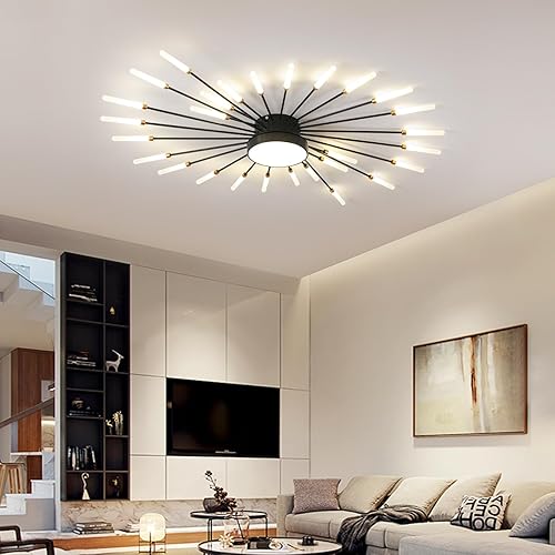JAYMP Ceiling Light Modern Flower Shape Ceiling Lamp for Living Room Dining Room Flush Mount Metal Acrylic Sputnik Firework Petal LED Lighting Fixture (Matte Black, 28+1 Lights)