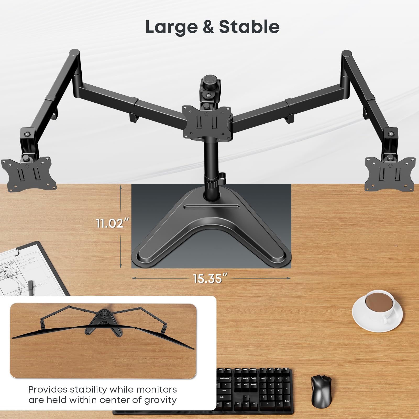 Soporte Triple para Monitor, Soporte de Escritorio Totalmente Ajustable para 3 Pantallas de hasta 27 Pulgadas, Base Ponderada y Gestión de Cables, Capacidad de 22 lbs por Brazo, Negro