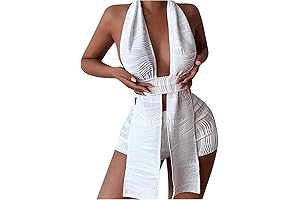 Women's Sexy Textured Cut Out Backless Halter Top and Shorts Set
