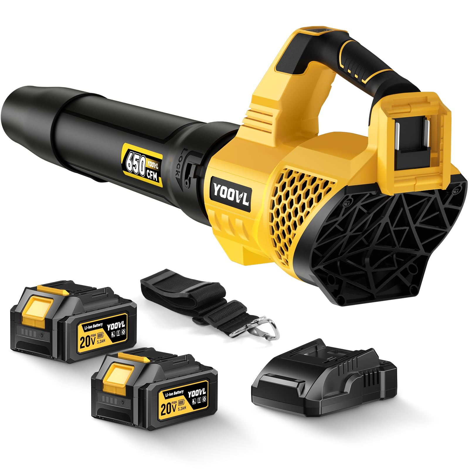 Leaf Blower Cordless, 650CFM Electric Leaf Blowers with 2 x 5.2Ah Batteries and Charger, 3 Speed Modes, 1 x Adjustable Shoulder Strap, Powerful Blowers for Lawn Care, Patio, Dust, Blowing Leaves