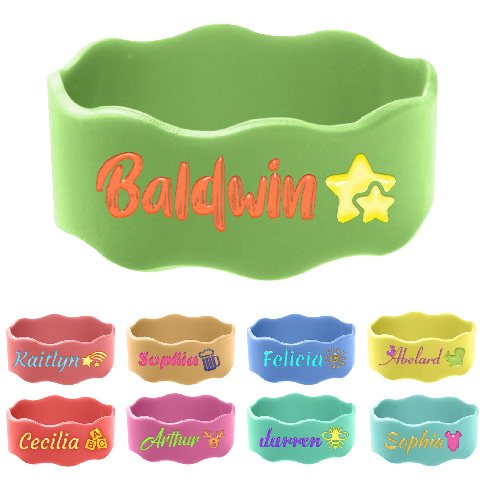 Personalized Water Bottle Labels Custom Water Bottle Name Band Customized Engraved Silicone Reusable Waterproof Bottle Straps Labels for Cups Daycare