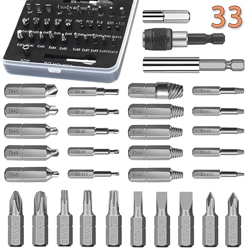 GARDSURE Juego de extractor de tornillos de 33 piezas, kit de extractor de pernos fácil de sacar y puntas de destornillador HSS Extractor de