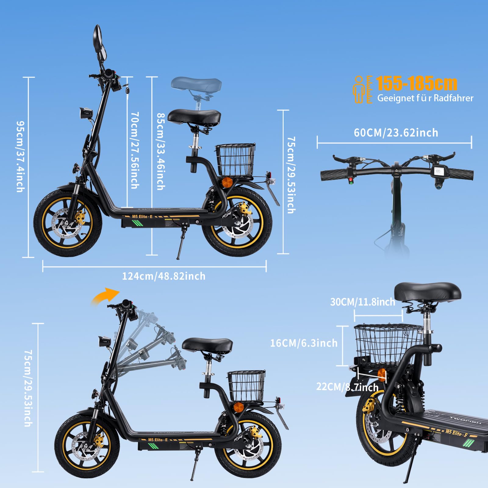 TWOFISH E-Moped mit Straßenzulassung, Elektro Motorrad für Erwachsene, 500W Motor 48V 13Ah Akku, Doppelfederung, EEC Zertifiziert, Max. 45 km/h, 14 Zoll Reifen, IPX4, M5 Elite