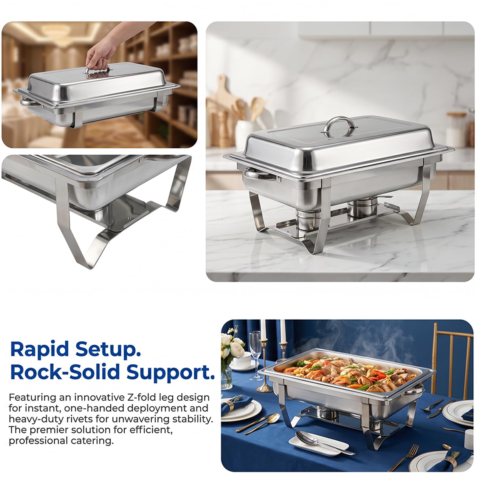 Paquete de Platos de para bufé, Catering, Calentador de Alimentos | sartén fría y caliente con soporte para tapa, juego de platos de cena de acero inoxidable grueso, servidor de buffet