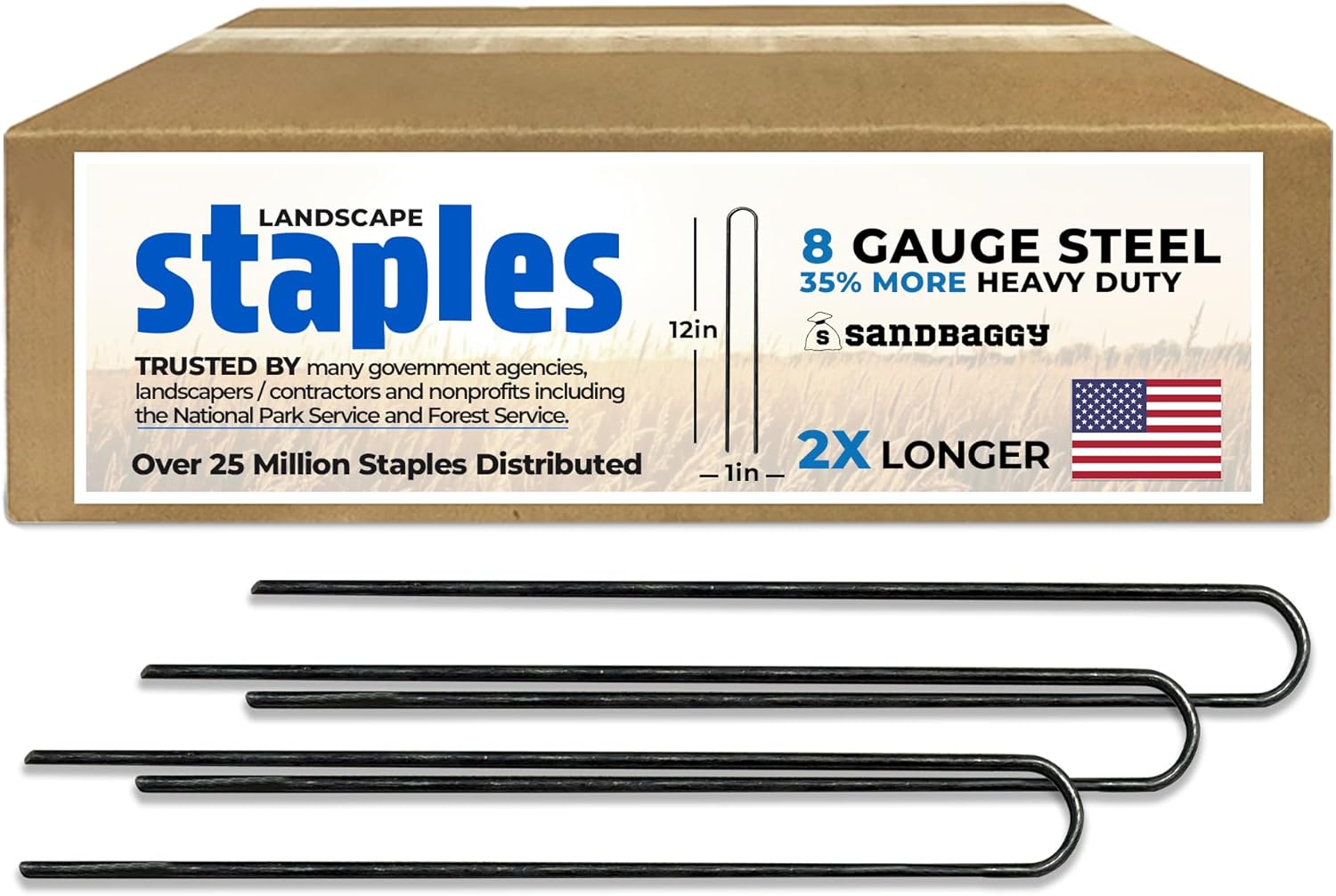 Sandbaggy USA Made 12-inch Landscape Staples - Garden Stakes - Drip Irrigation Tubing, Landscaping Fabric, Netting, Sod, Artificial Turf, PVC Pipes (8-Gauge, 10, Count)