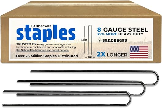 Sandbaggy USA Made 12-inch Landscape Staples - Garden Stakes - Drip Irrigation Tubing, Landscaping Fabric, Netting, Sod, Artificial Turf, PVC Pipes 8-Gauge, 10, Count