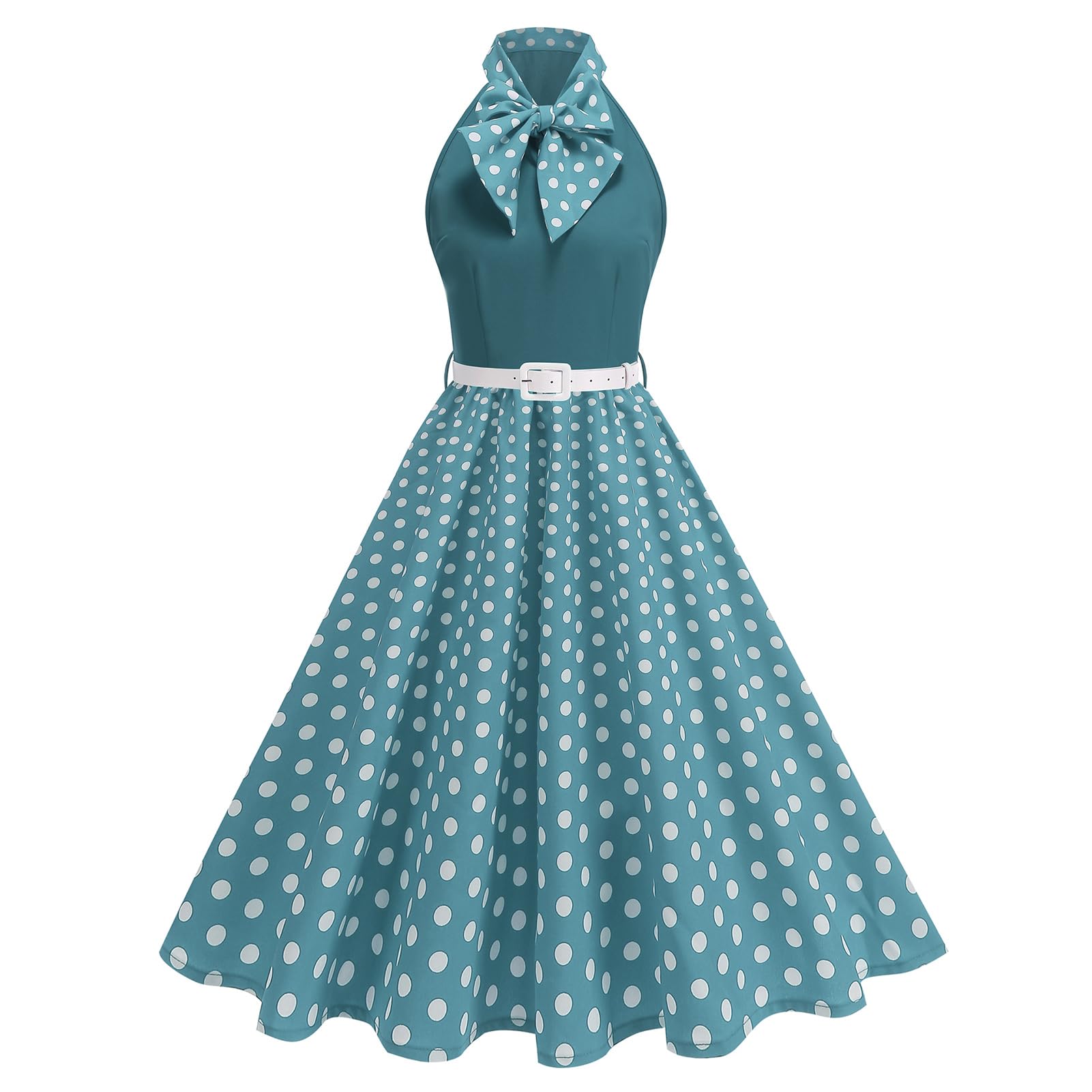 EFOGEP Damen 1950s Vintage Polka Dots Rockabilly Swing Kleid Hepburn Style Halterneck Bow 50er Jahre Retro A-Linie Midikleider Cocktail Party Formal Abend Prom Kleid