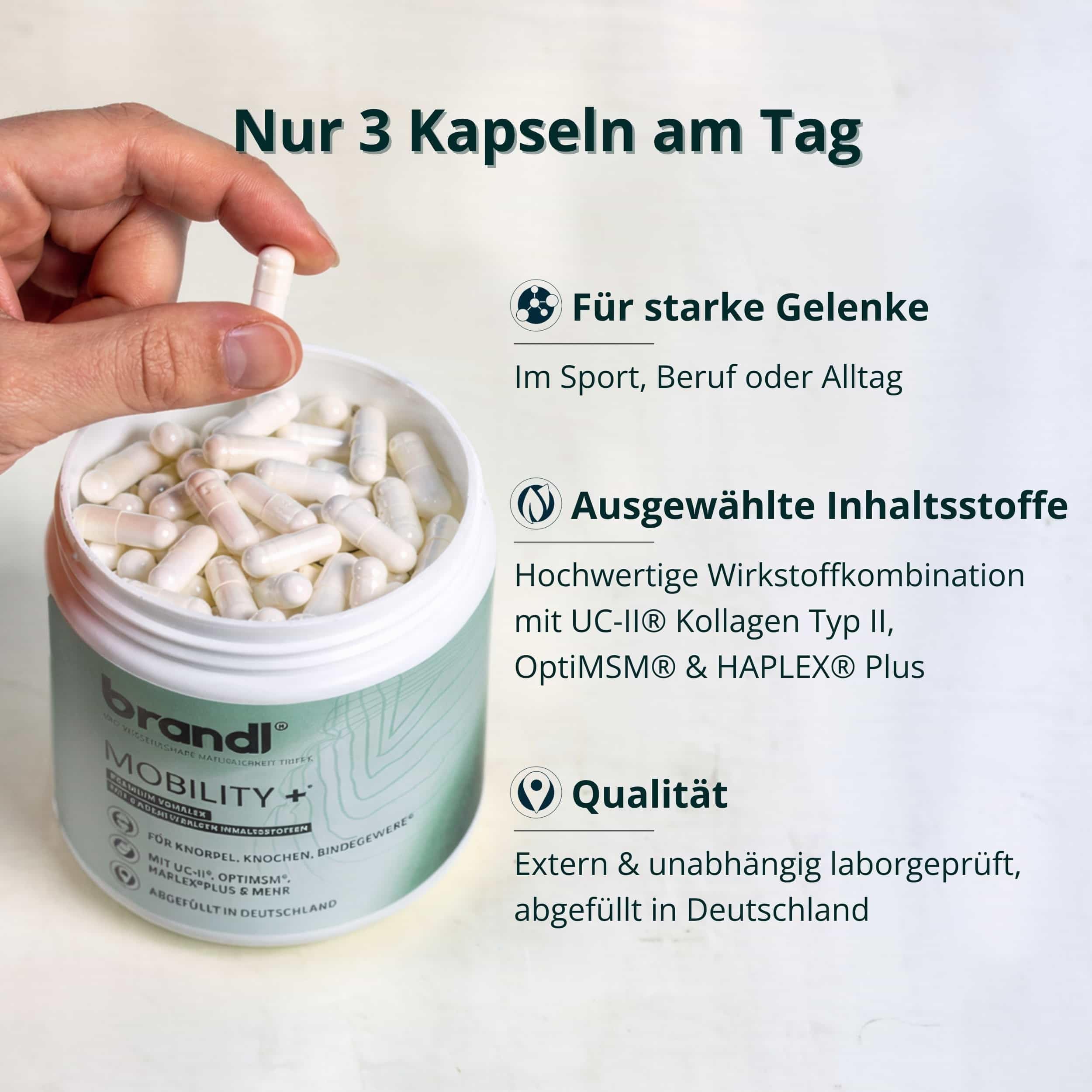 Kollagen Typ 2 – Mobility + All in One Kolagen Kapseln mit UC-II, MSM, Hyaluron, Vitamin C, Zink & Mangan – für Gelenke, Knorpel, Knochen und Bindegewebe – Collagen Peptide – 90 Gelenkkapseln brandl®