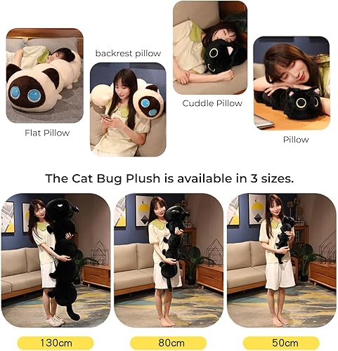Miniatura 4 de Animales de peluche de gato negro, almohada de peluche de gusano de gato de 20 pulgadas de largo, muñeca de peluche de gatito, regalos de cumpleaños