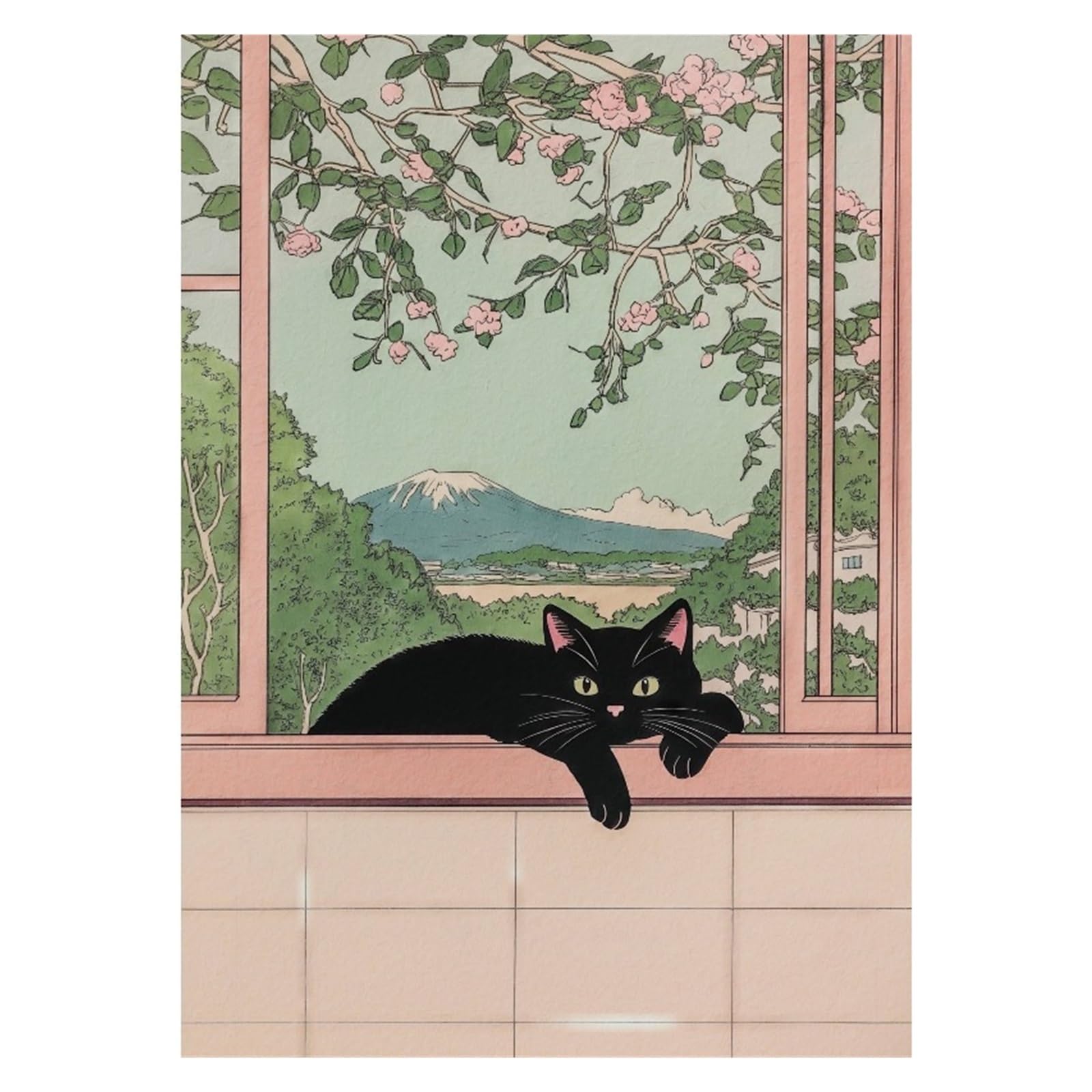 Graiting 1pc Noble Tabby Cat Eating Ramen Fuji View Poster Wall Pictures Canvas Painting Home Bathroom Decor(6,50x70cm)
