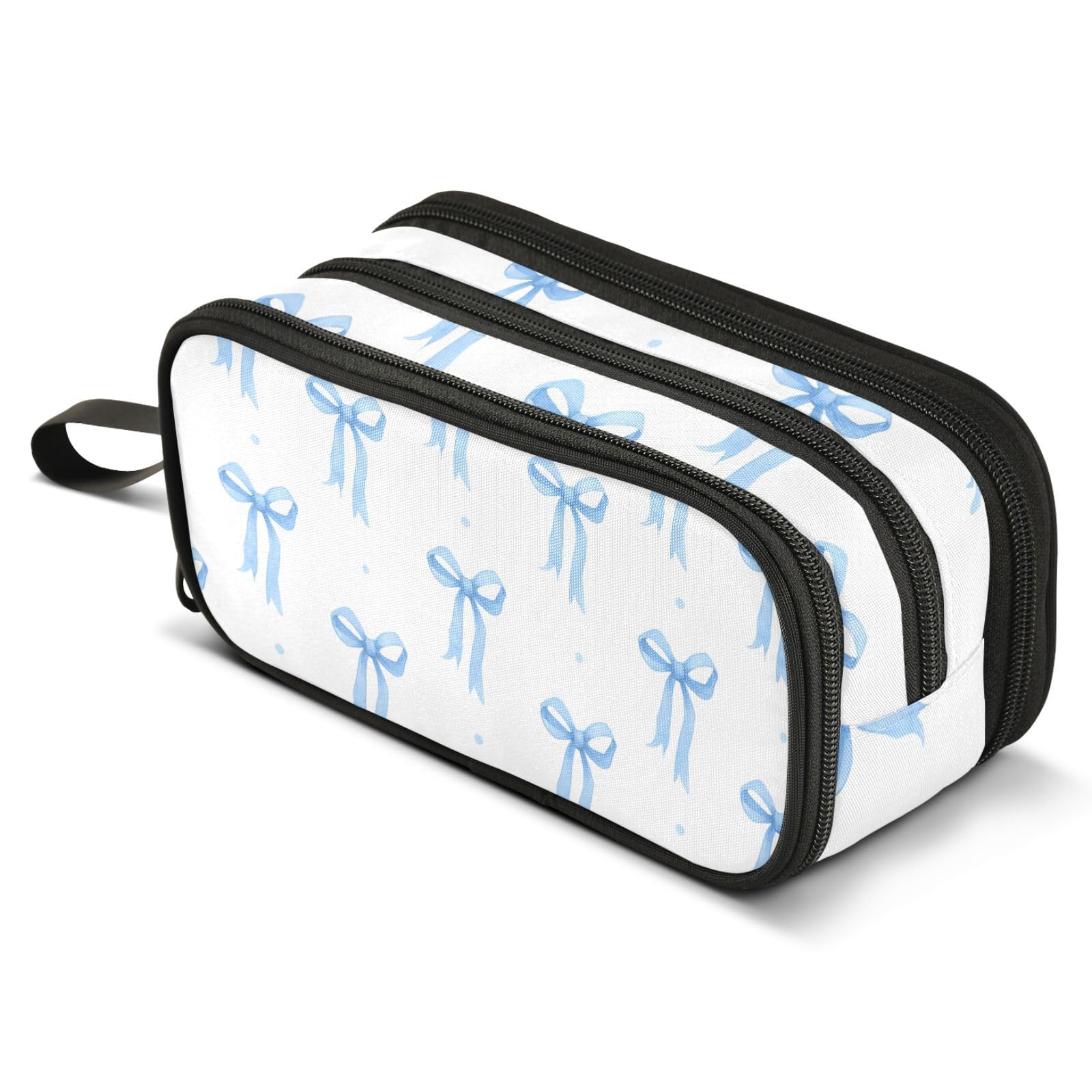 Mnsruu Blue Bows White Pencil Case Large Capacity Pencil Pouch with 3 Compartments Stationery Case Pen Bag for Boys Girls Kids Adults School Office