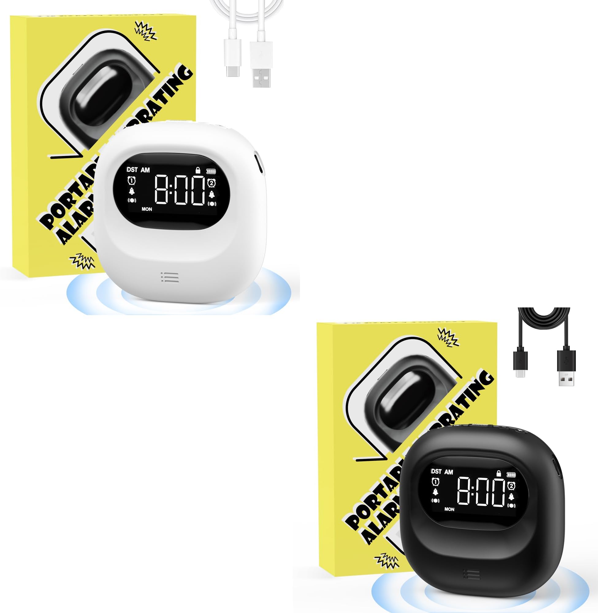 Roxicosly Cordless Vibrating Clock White+Black 2Pack