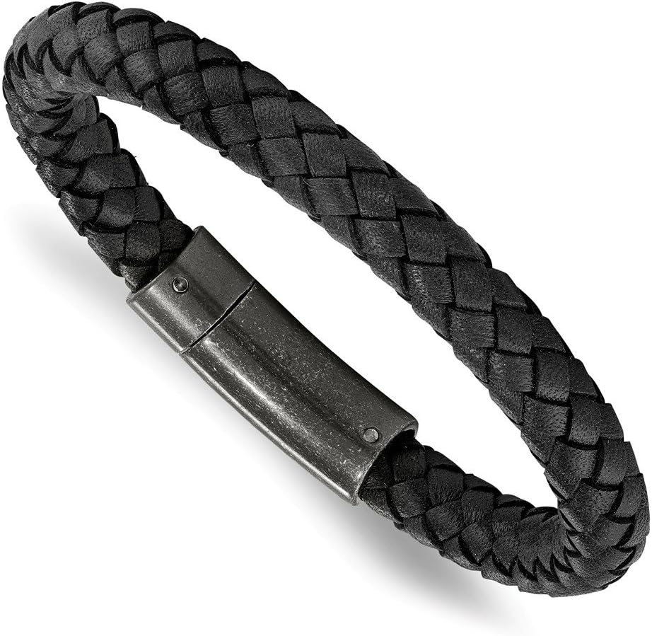 Solid Stainless Steel Men's Brushed Black Braided Genuine Leather 8.25in Bracelet 8.25"