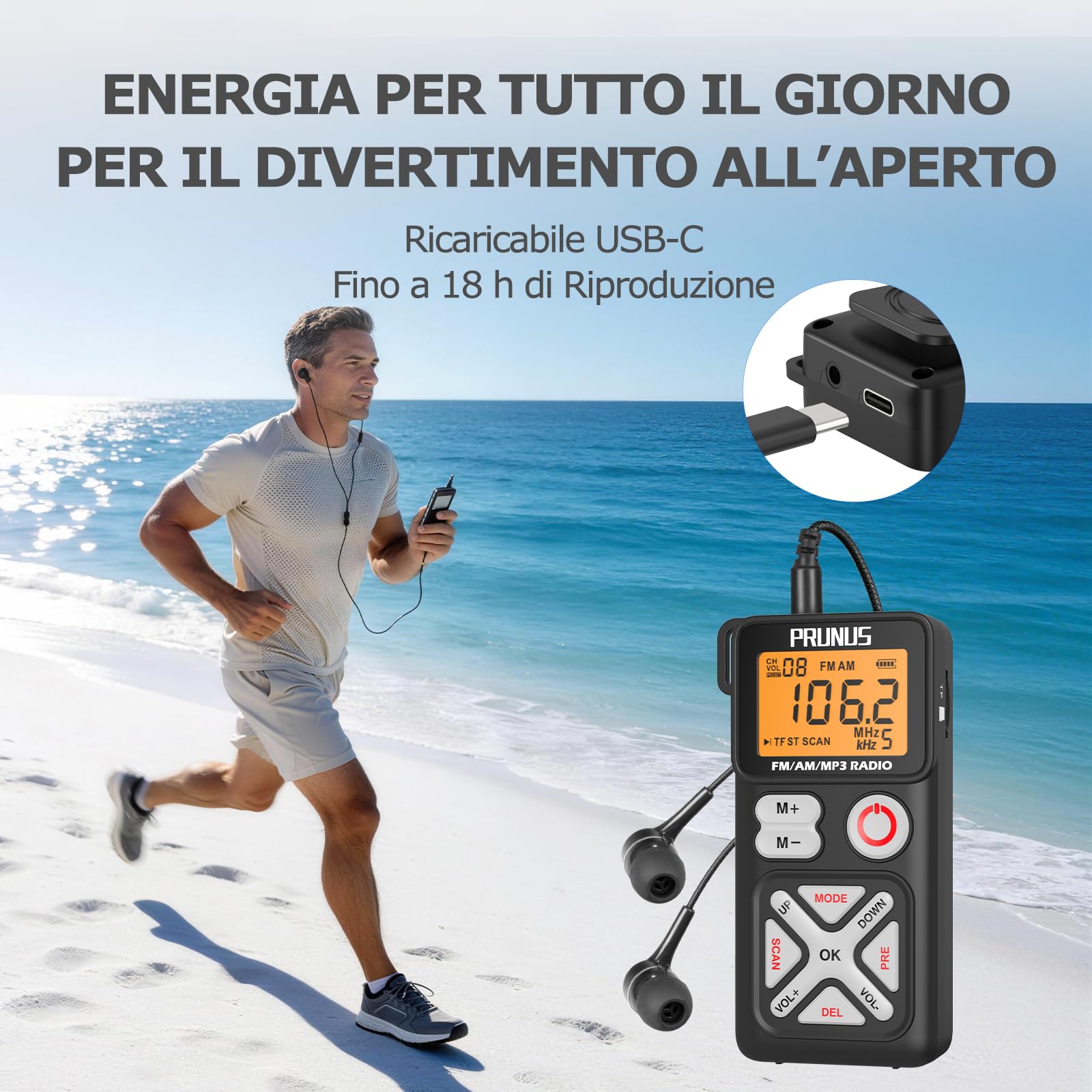 PRUNUS J-988 Mini Radio Portatile AM/FM, Radiolina Ricaricabile con Display LCD, Cuffie e Clip, Radio Tascabile con Supporto TF per Pesca, Corsa e Camminate.