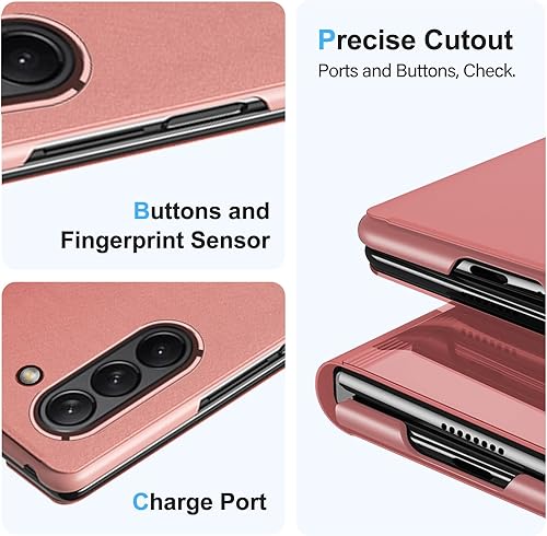 Miniatura 4 de Funda compatible con Samsung Galaxy Z Fold 5 5G, con espejo, de piel, delgada, transparente, S-View, a prueba de golpes, con función atril,