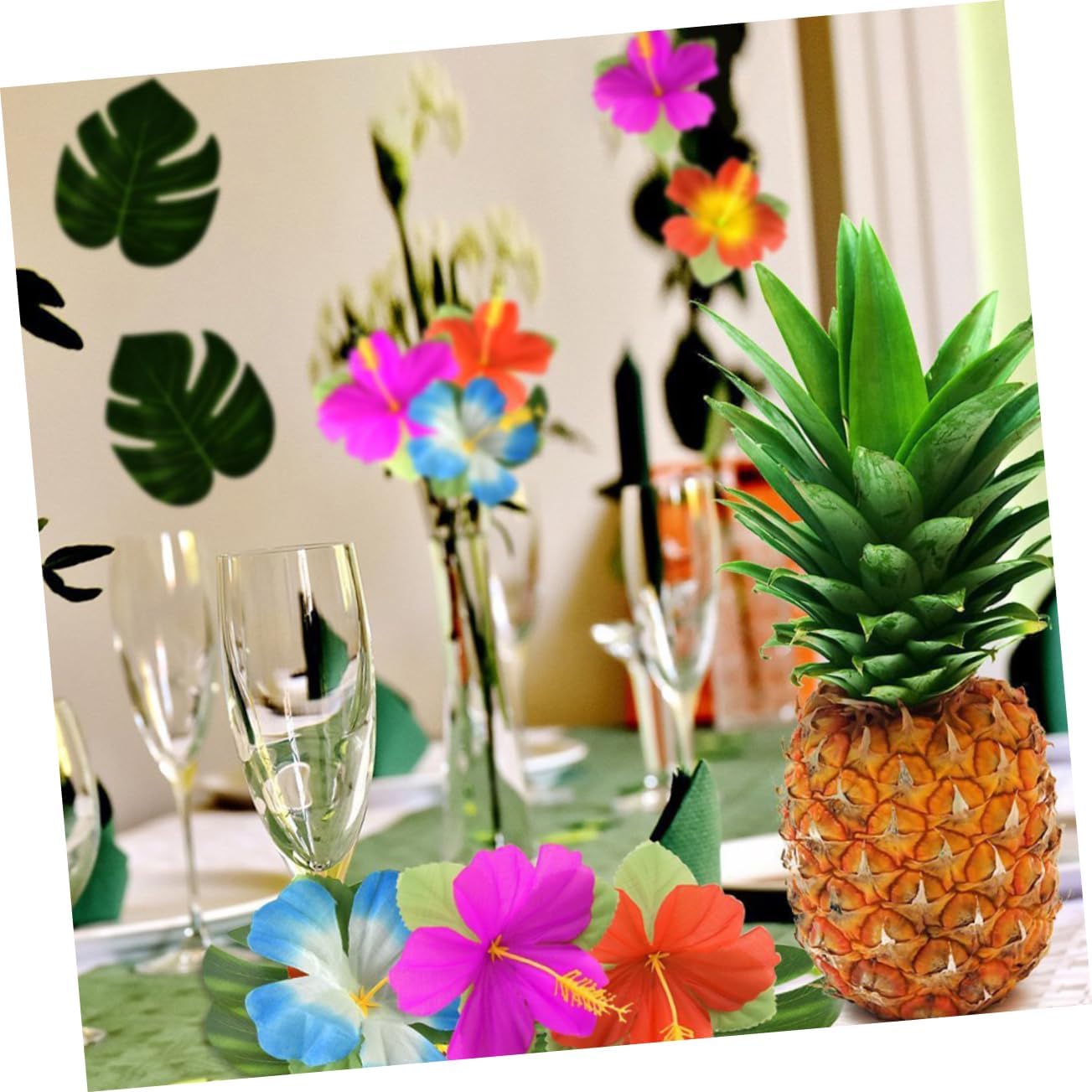 Cabilock Hawaiian Luau Table Skirt Decoration with Pineapples Flamingos Umbrellas and Straws for Tropical Summer Parties Grass Table Skirt Pineapples Flamingos Umbrellas Fruit Straws