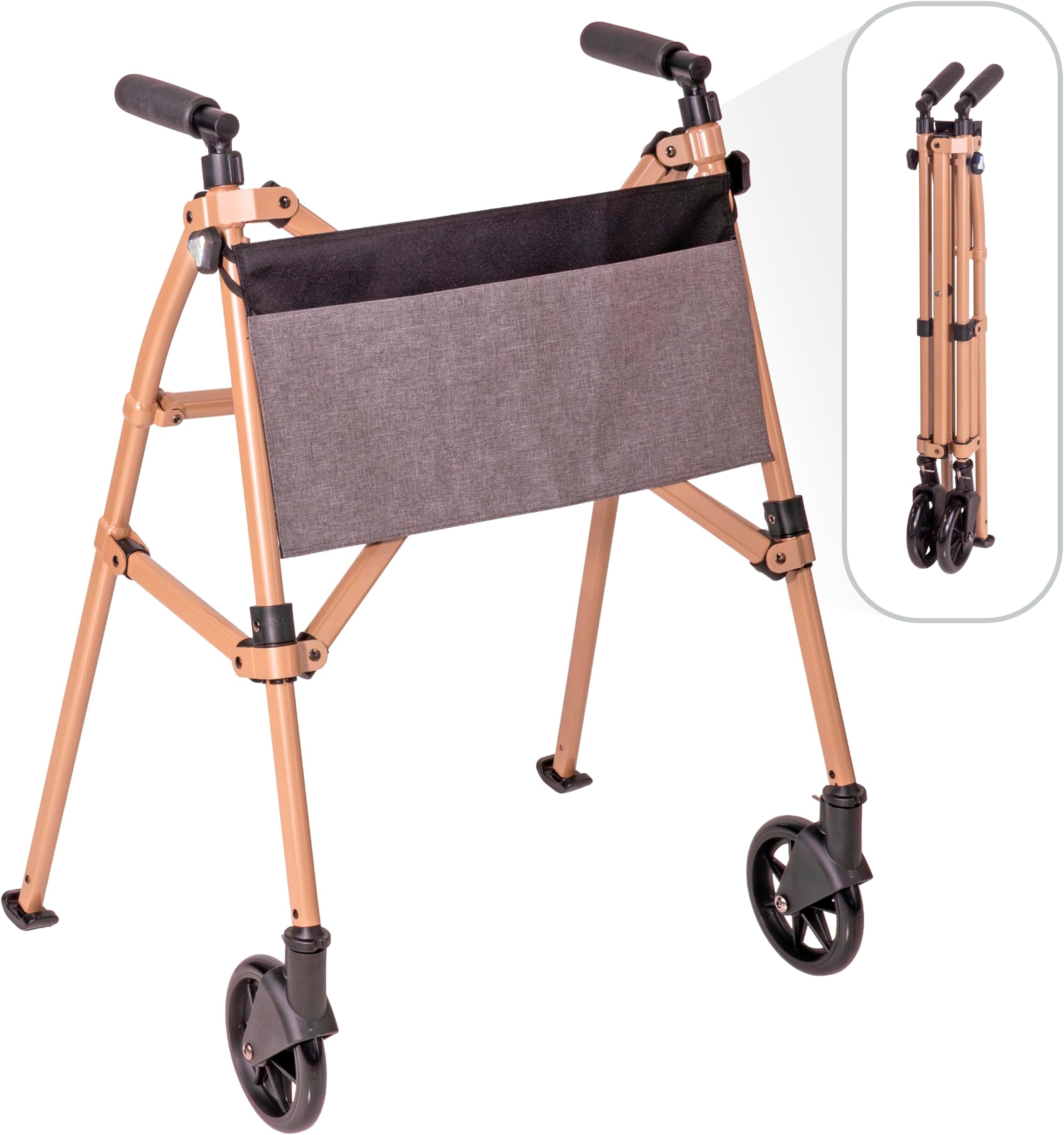 Stander Wonder Walker Plus, Lightweight Folding Mobility Aid for Adults, Seniors, and Elderly, Collapsible Travel EZ Fold-N-Go with Wheels, Glides, & Basket, Desert Sand
