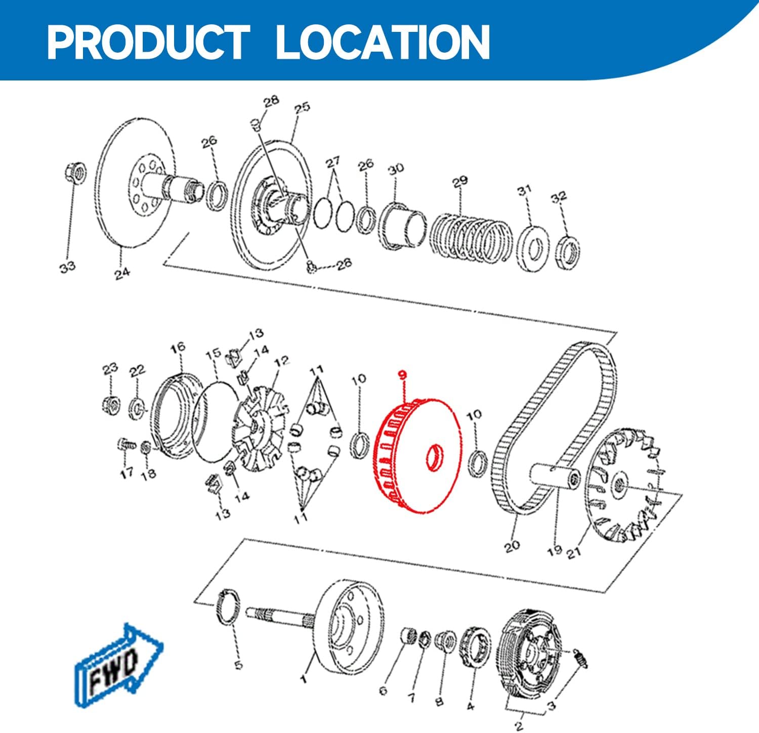 Primary Dry Clutch CVT Sheave for Hisun ATV UTV 500 700, Bennche Bighorn, Massimo MSU500, Menards YardSport, Axis, Qlink, Coleman