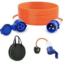 25 m Electric Hook Up Cable - Camping Extension Lead, Waterproof Caravan Lead Power Cable with Carrying Bag, 13A Plug to 16A 3 Pin Socket Converter for Motorhome and Campervan
