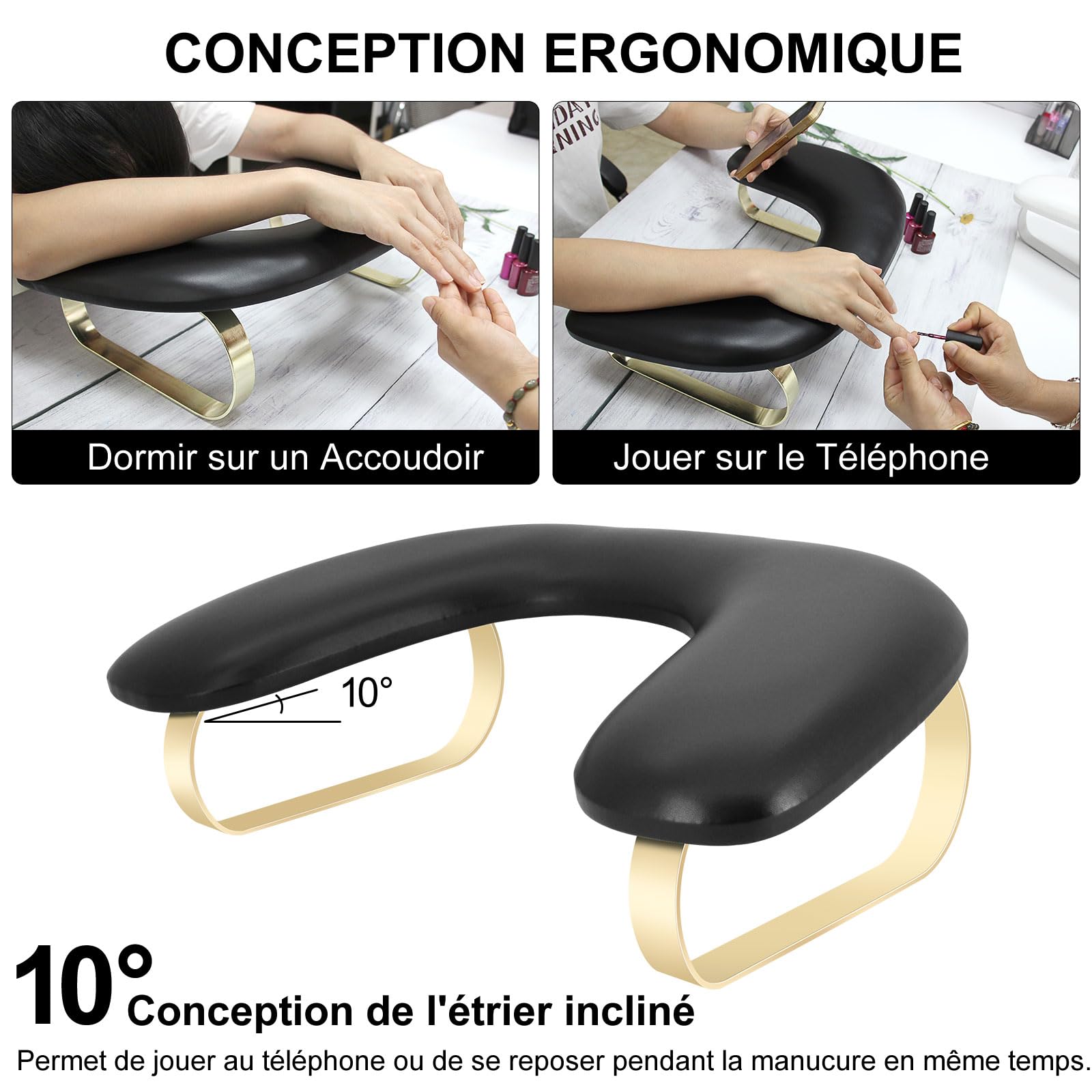 Repose Main Ongle,Forme du U Coussins Repose-Main pour Manucure,Douceur PU Cuir Coussin Manucure avec Support Amovible,Repose Main Manucure Professionnelle pour Prothesiste Ongulaire(Noir)